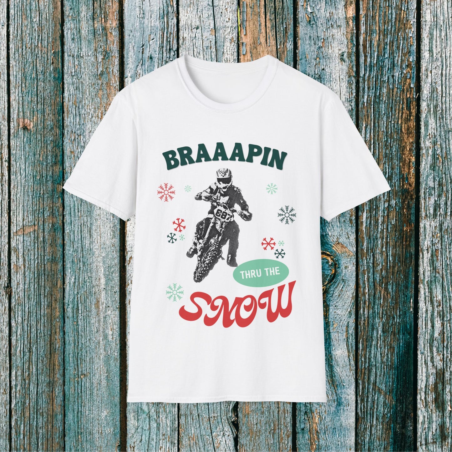 Holiday Motocross Racing SOFT Cotton Adult Unisex tee shirt | Dirt Racing shirt for men | Braaapin Through the Snow | Dirt bike Ugly Sweater