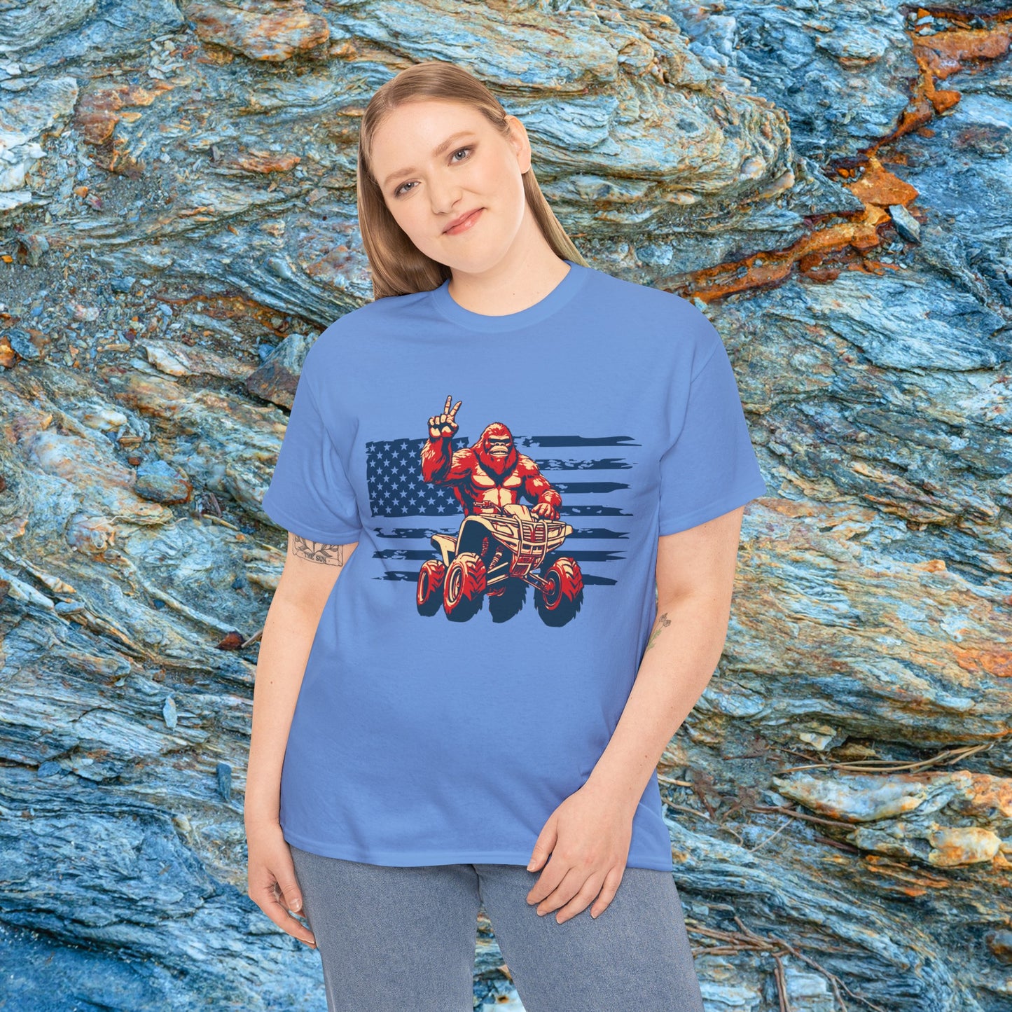 Mens BigFoot Shirt | BigFoot Riding a FourWheeler Shirt | Patriotic Flag & BigFoot Shirt | HEAVY Cotton Adult Unisex t shirt | ATV shirt for men | Fourwheeler shirts for boys
