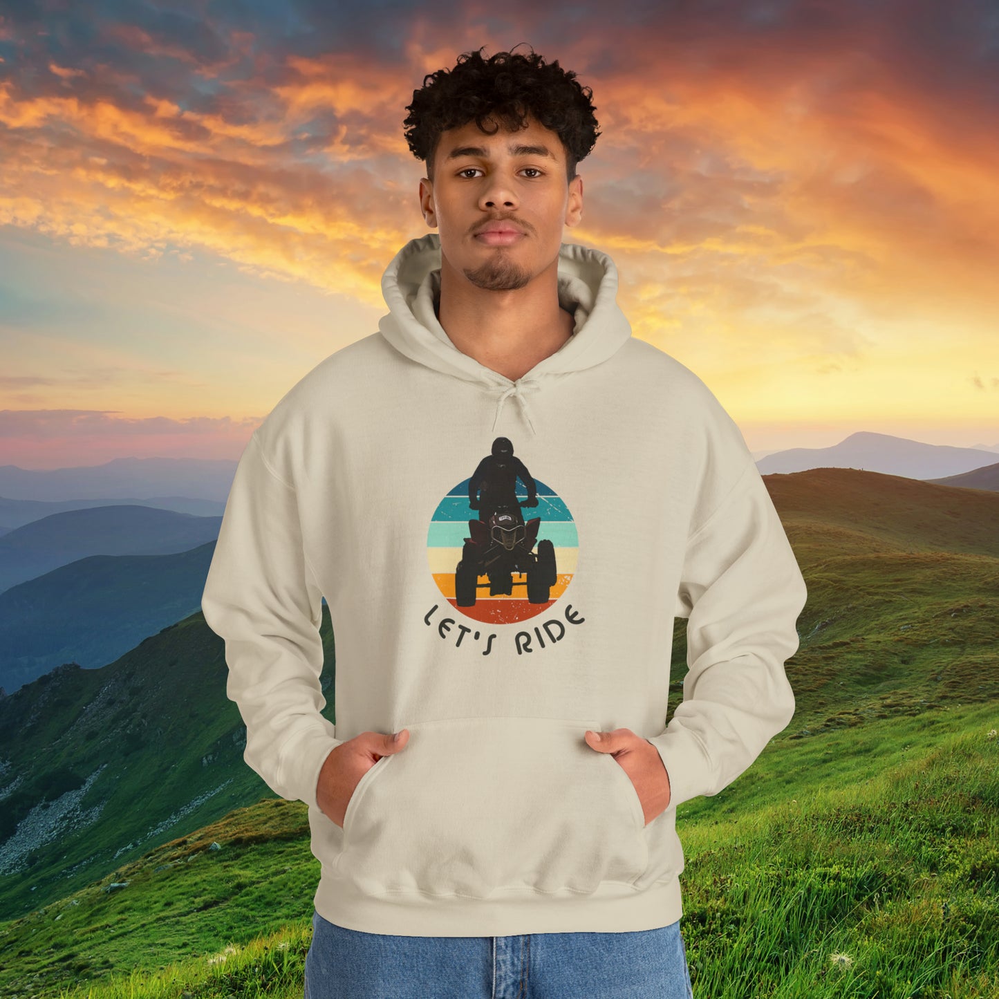 Mens Riding Hoodie | Man on Honda 450 ER atv | Retro circle with Let's Ride text | Unisex Heavy Blend™ Hooded Sweatshirt | ATV Hoodie for Men | Four wheeler hoodie for Boys