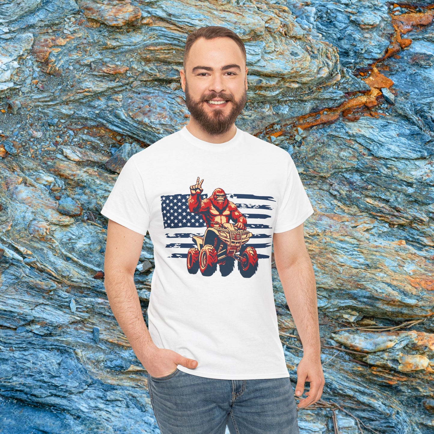 Mens BigFoot Shirt | BigFoot Riding a FourWheeler Shirt | Patriotic Flag & BigFoot Shirt | HEAVY Cotton Adult Unisex t shirt | ATV shirt for men | Fourwheeler shirts for boys