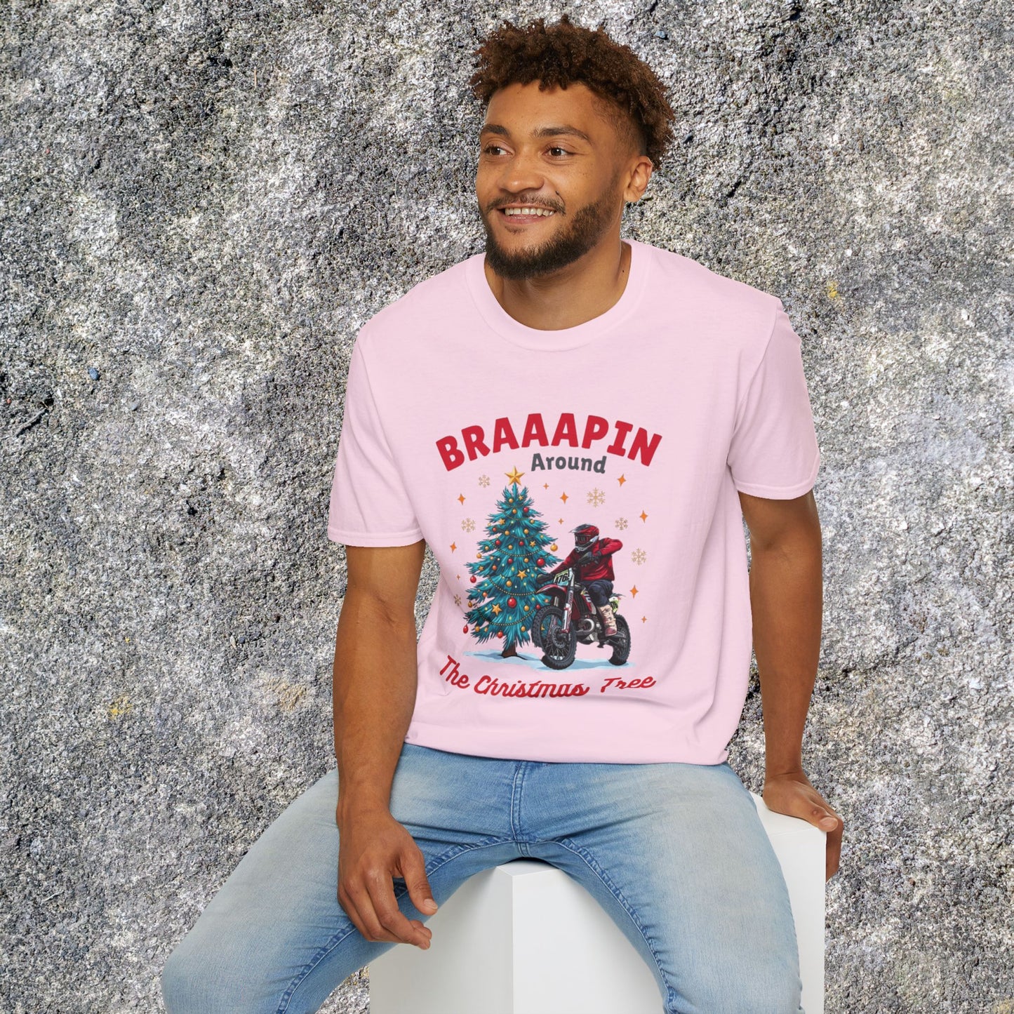 Holiday Bike Softstyle T-Shirt | Braaapin Around The Christmas Tree | Dirt Bike Ugly Sweater