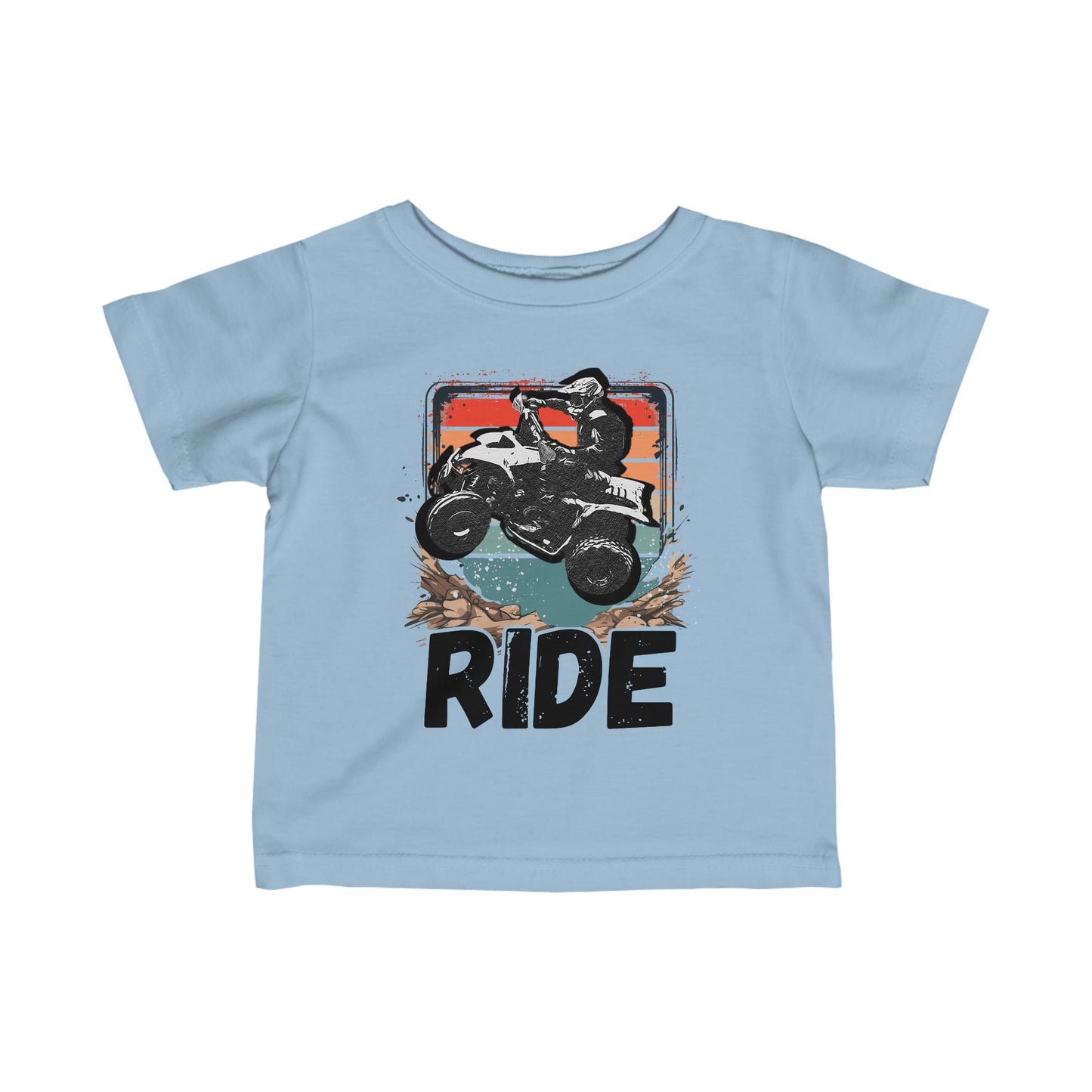 Infant Riding Shirt | Retro Four Wheeler with RIDE letters | Small Child Rabbit Skins Soft Cotton Tee | ATV shirt for toddlers | Four wheeler shirt for kids