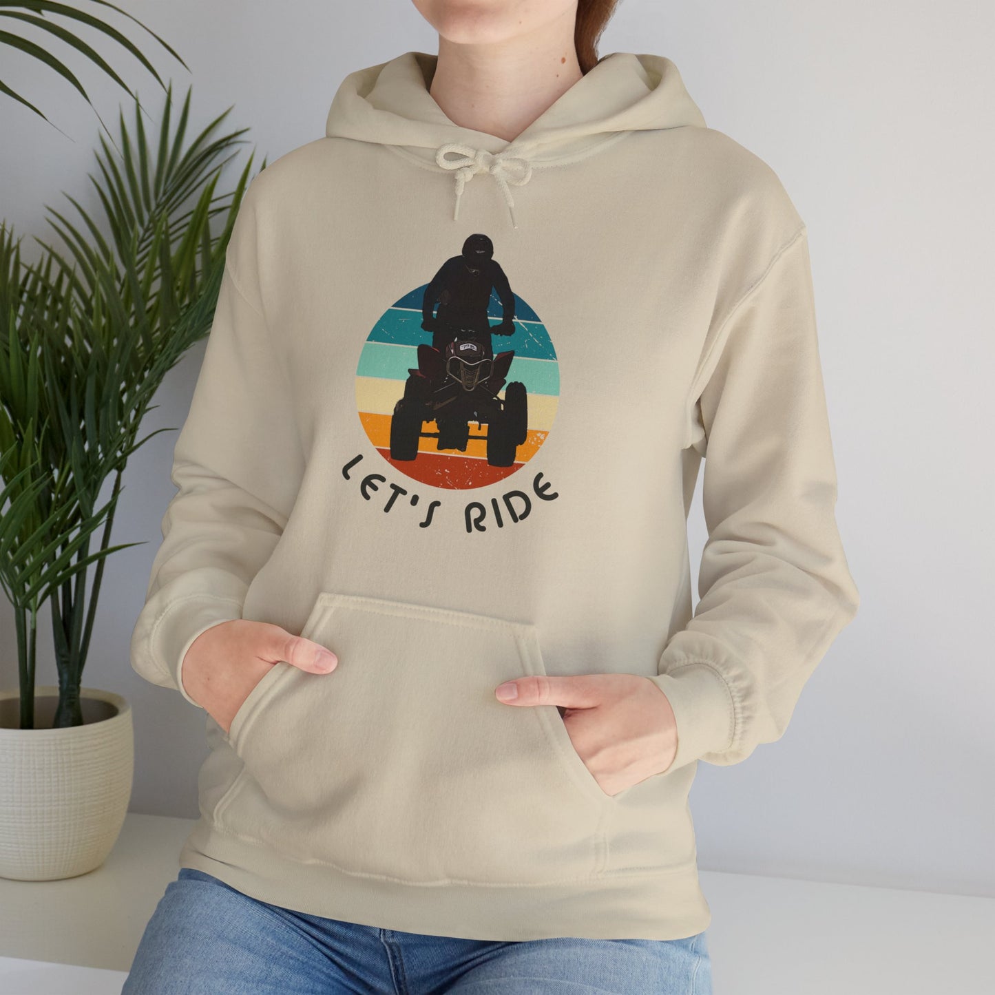 Mens Riding Hoodie | Man on Honda 450 ER atv | Retro circle with Let's Ride text | Unisex Heavy Blend™ Hooded Sweatshirt | ATV Hoodie for Men | Four wheeler hoodie for Boys