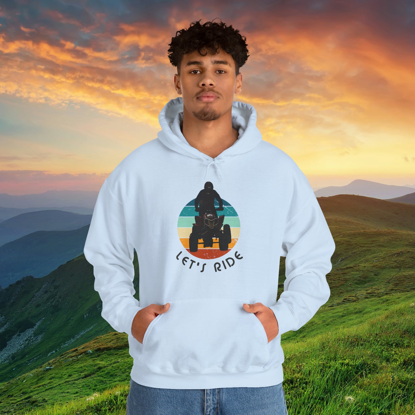 Mens Riding Hoodie | Man on Honda 450 ER atv | Retro circle with Let's Ride text | Unisex Heavy Blend™ Hooded Sweatshirt | ATV Hoodie for Men | Four wheeler hoodie for Boys