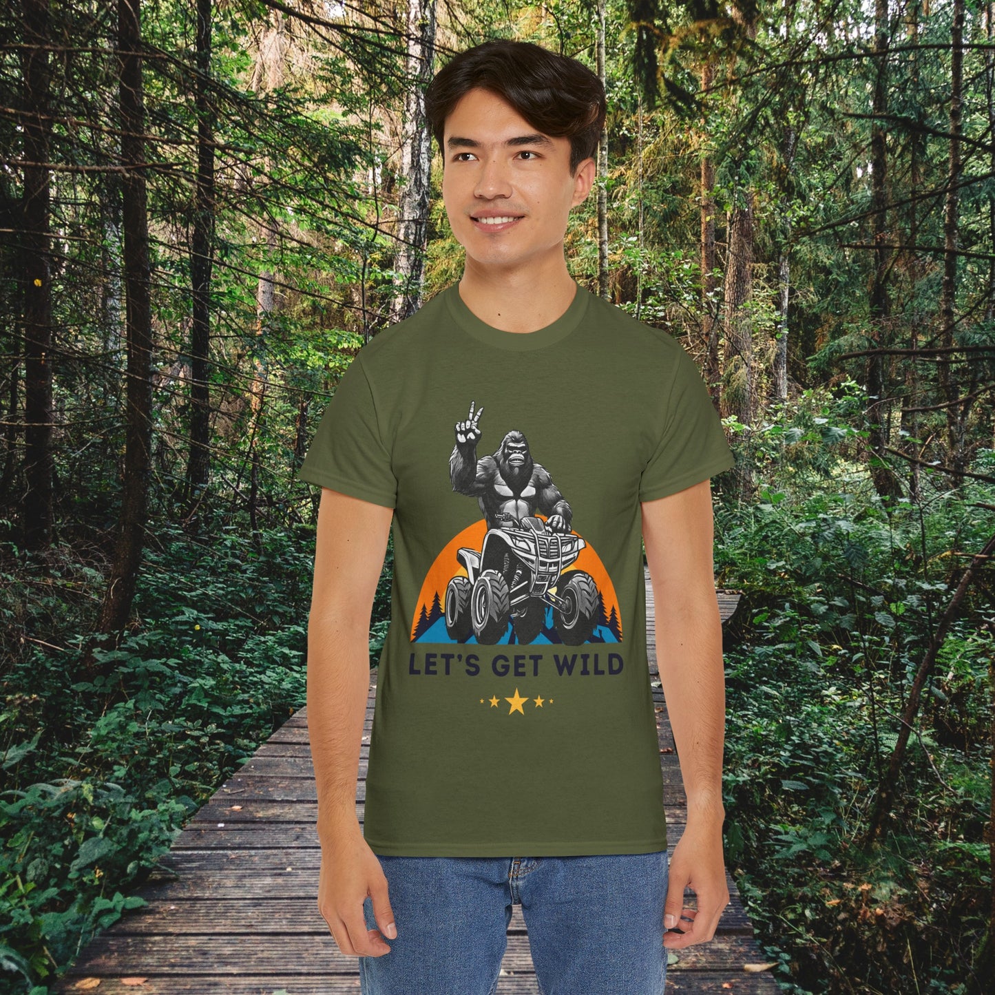 Mens BigFoot Shirt | BigFoot Riding a FourWheeler Shirt | Let's Get Wild BigFoot Shirt | HEAVY Cotton Adult Unisex t shirt | ATV shirt for men | Fourwheeler shirts for boys