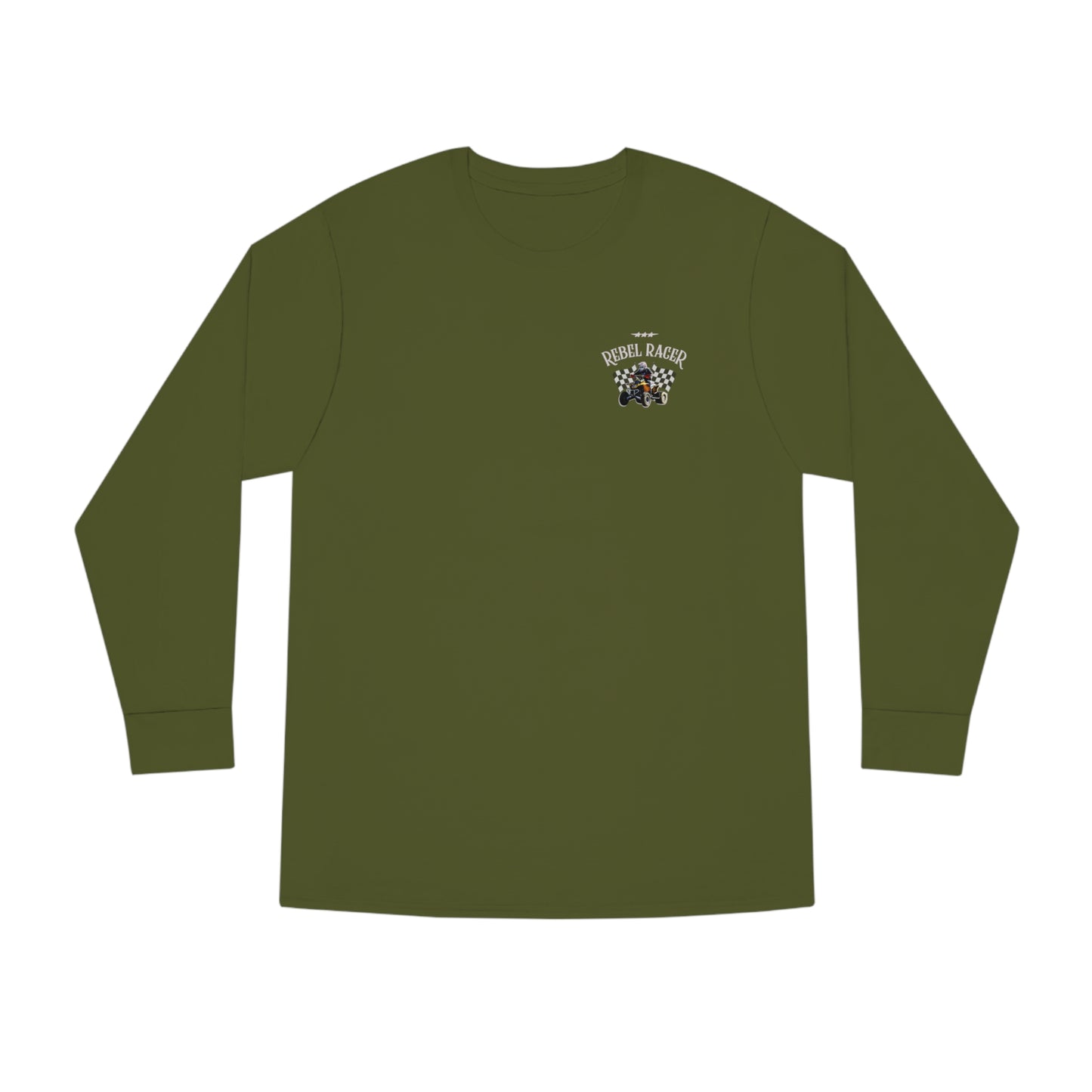 Mens Long Sleeved Racing Shirt | 2-SIDED Unisex Long Sleeve Crewneck Tee | Soft Lightweight Cotton | Rebel Racer | ATV Racing Shirt | Four wheeler shirt for boys