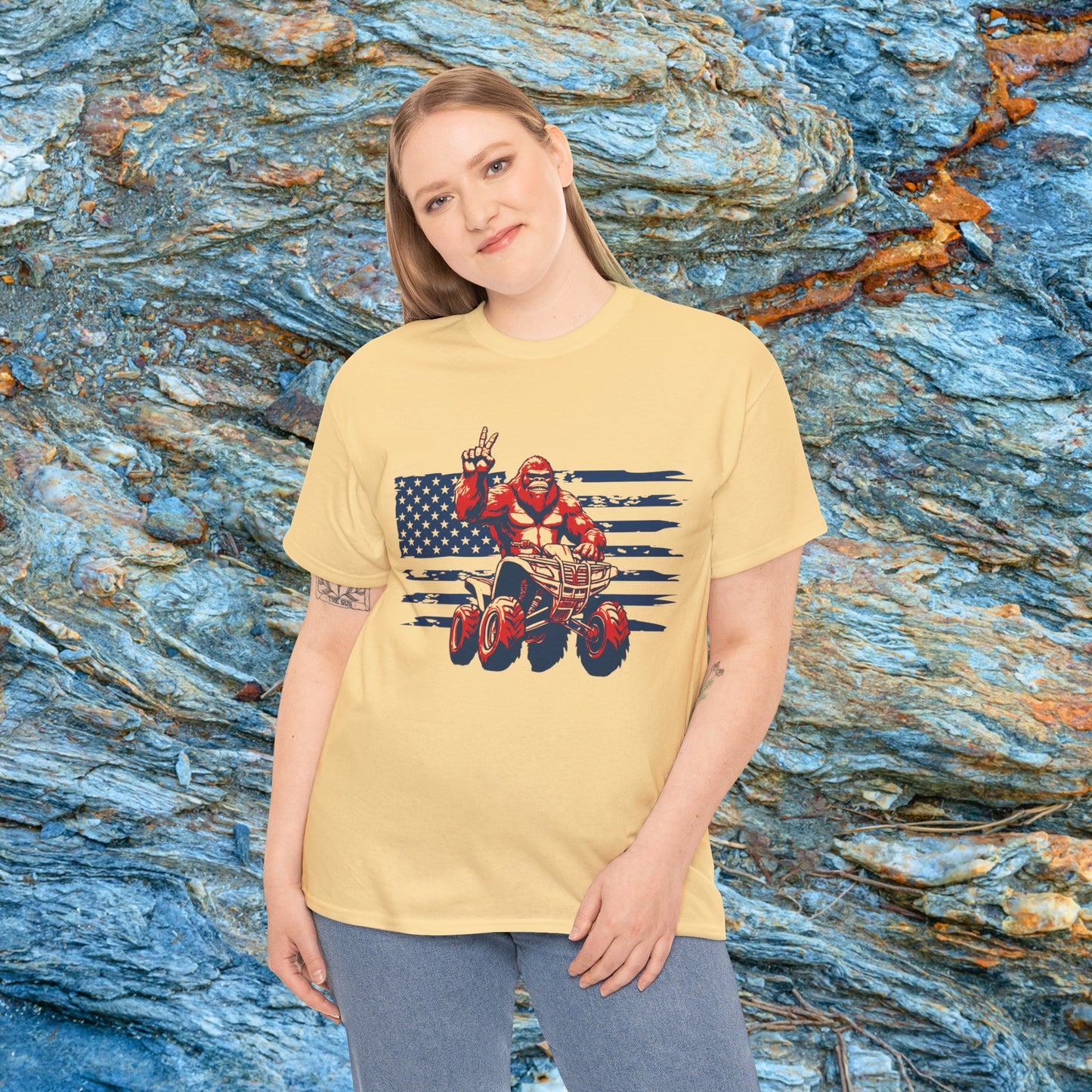 Mens BigFoot Shirt | BigFoot Riding a FourWheeler Shirt | Patriotic Flag & BigFoot Shirt | HEAVY Cotton Adult Unisex t shirt | ATV shirt for men | Fourwheeler shirts for boys