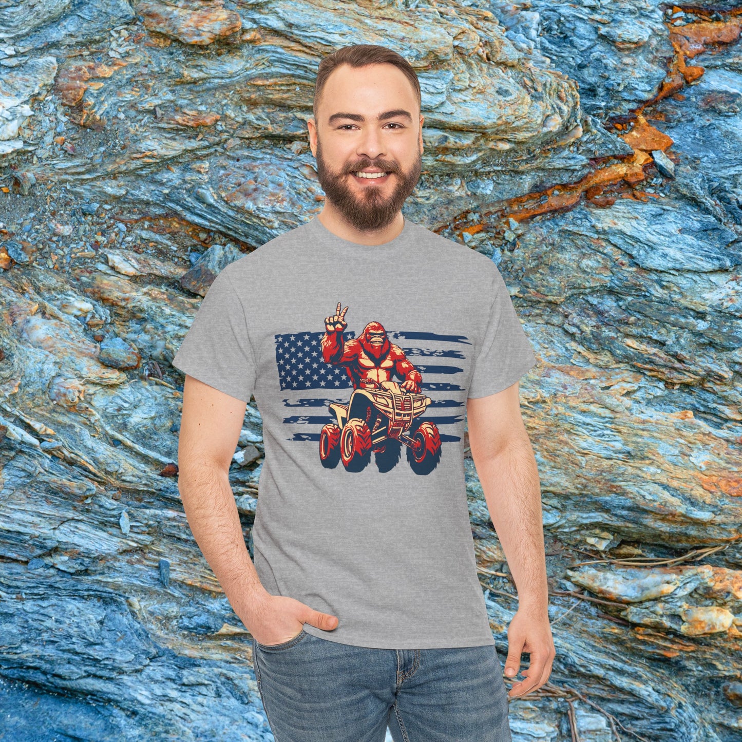 Mens BigFoot Shirt | BigFoot Riding a FourWheeler Shirt | Patriotic Flag & BigFoot Shirt | HEAVY Cotton Adult Unisex t shirt | ATV shirt for men | Fourwheeler shirts for boys
