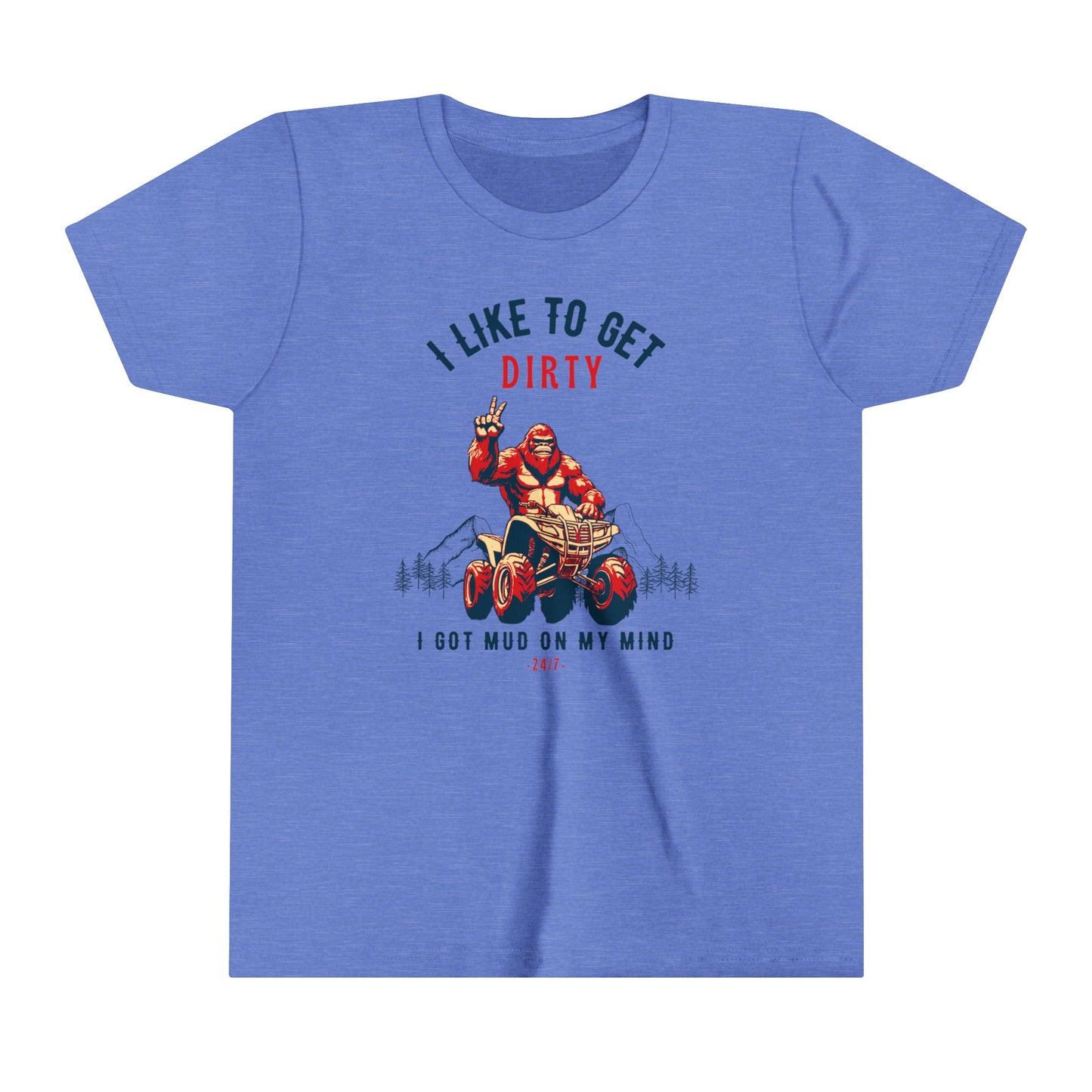 Youth BigFoot Shirt | I like to get dirty Sasquatch Shirt for Kids | I got mud on my mind Youth Short Sleeve Tee | Funny FourWheeler shirt for boys | Bella Canvas Soft Cotton tee shirt