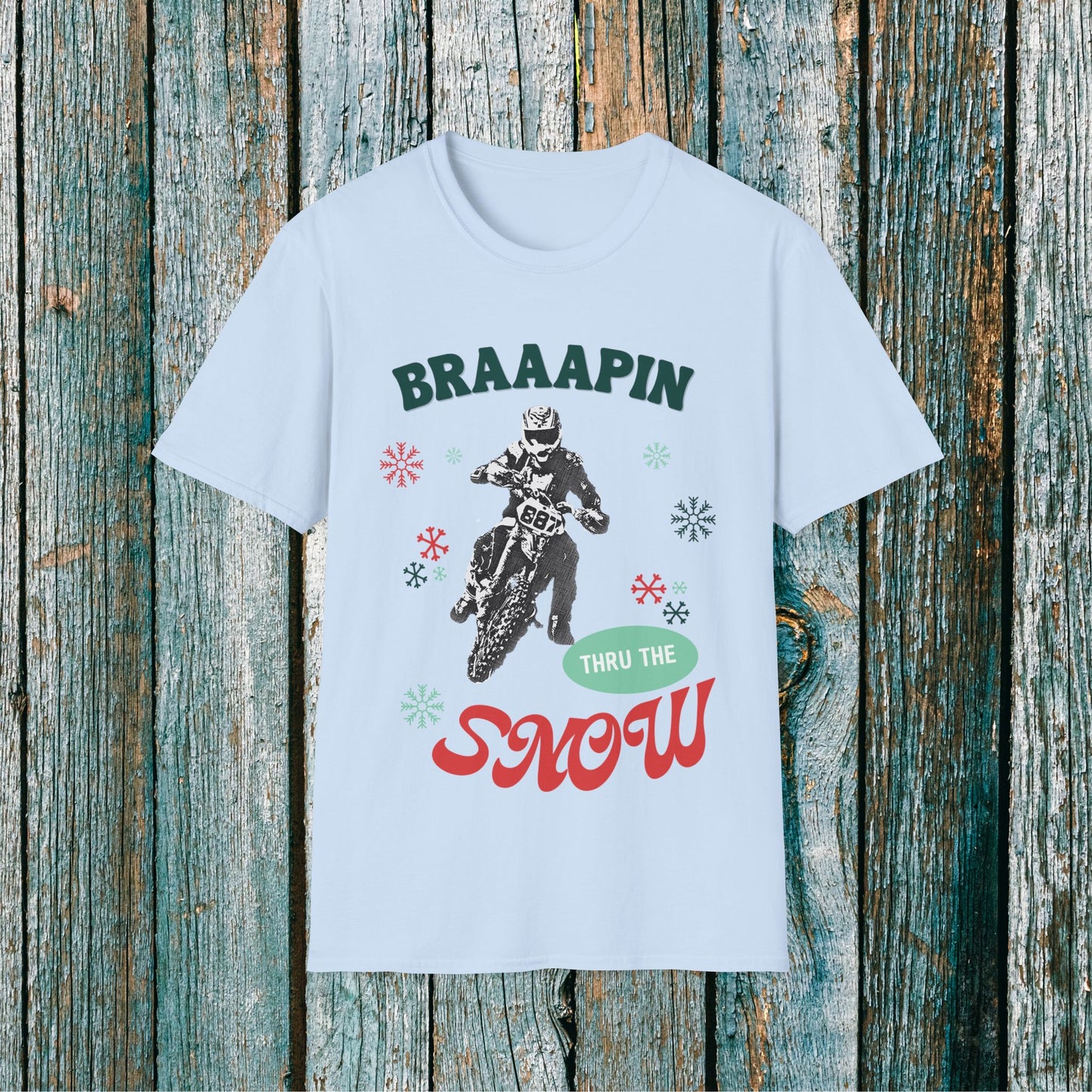 Holiday Motocross Racing SOFT Cotton Adult Unisex tee shirt | Dirt Racing shirt for men | Braaapin Through the Snow | Dirt bike Ugly Sweater