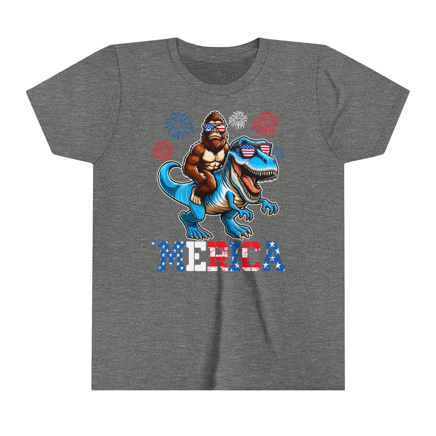 Youth BigFoot on a Dinosaur Shirt | Patriotic Sasquatch Shirt for Kids | Youth Yeti Short Sleeve Tee | Funny BigFoot shirt for boys | Bella Canvas Soft Cotton tee shirt