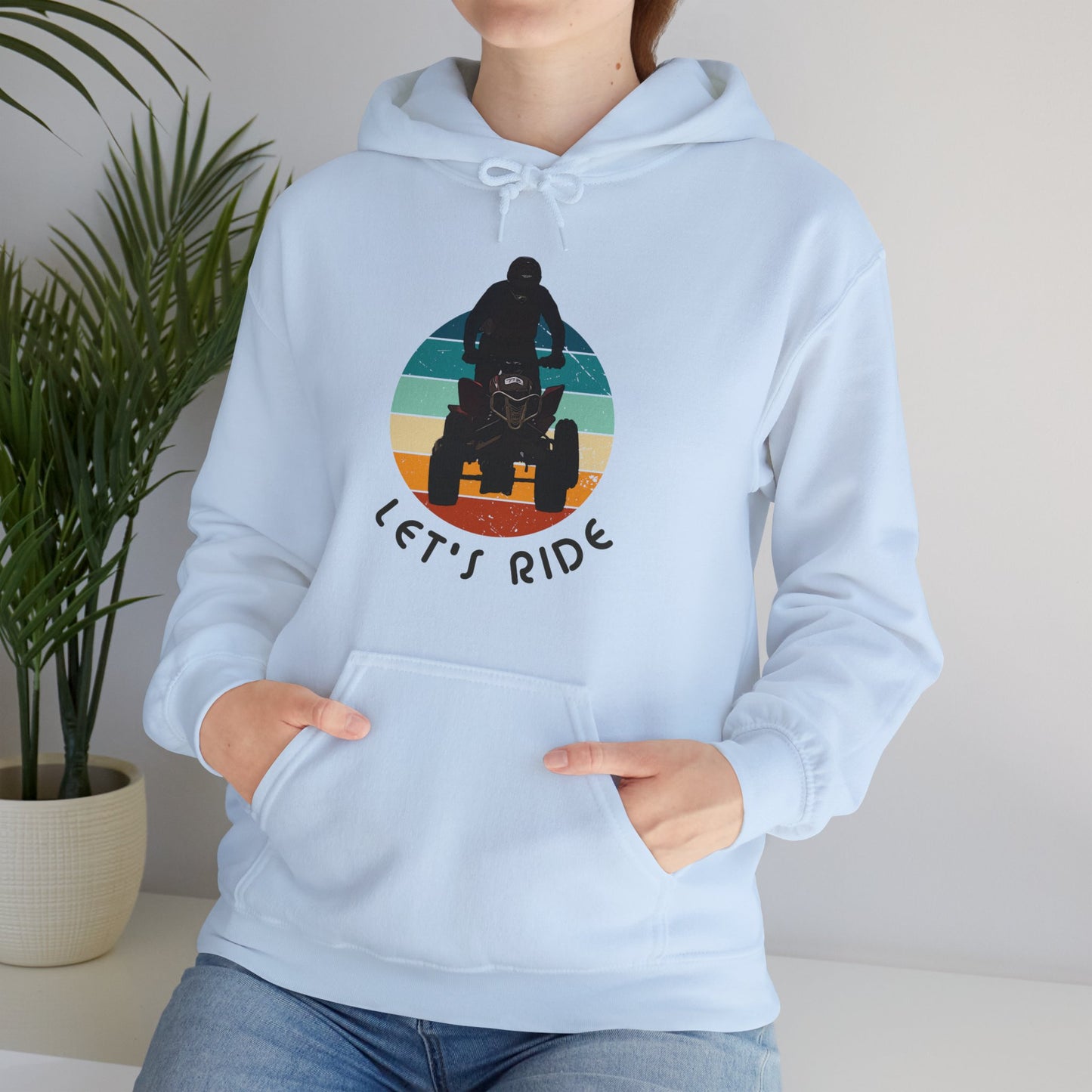 Mens Riding Hoodie | Man on Honda 450 ER atv | Retro circle with Let's Ride text | Unisex Heavy Blend™ Hooded Sweatshirt | ATV Hoodie for Men | Four wheeler hoodie for Boys