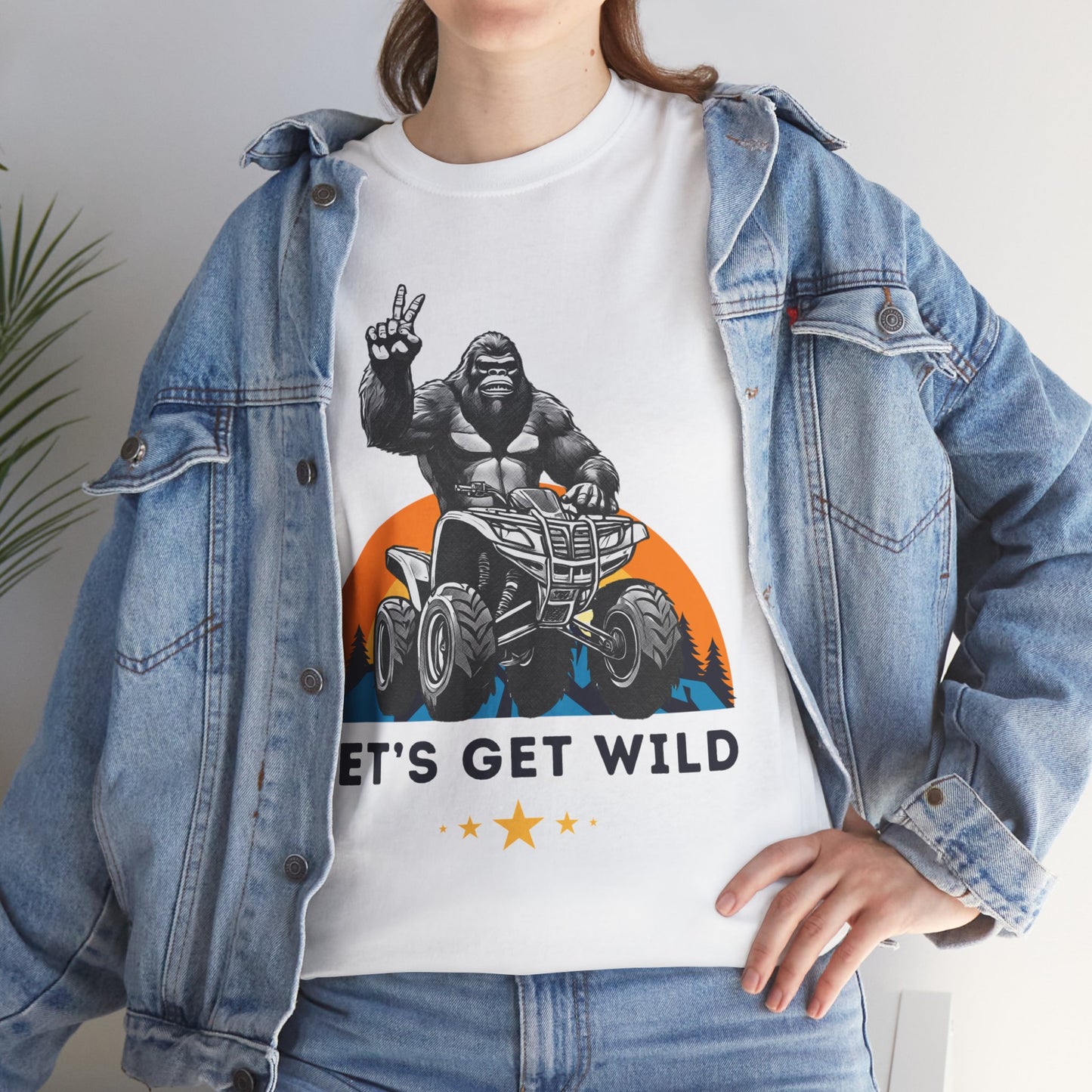 Mens BigFoot Shirt | BigFoot Riding a FourWheeler Shirt | Let's Get Wild BigFoot Shirt | HEAVY Cotton Adult Unisex t shirt | ATV shirt for men | Fourwheeler shirts for boys