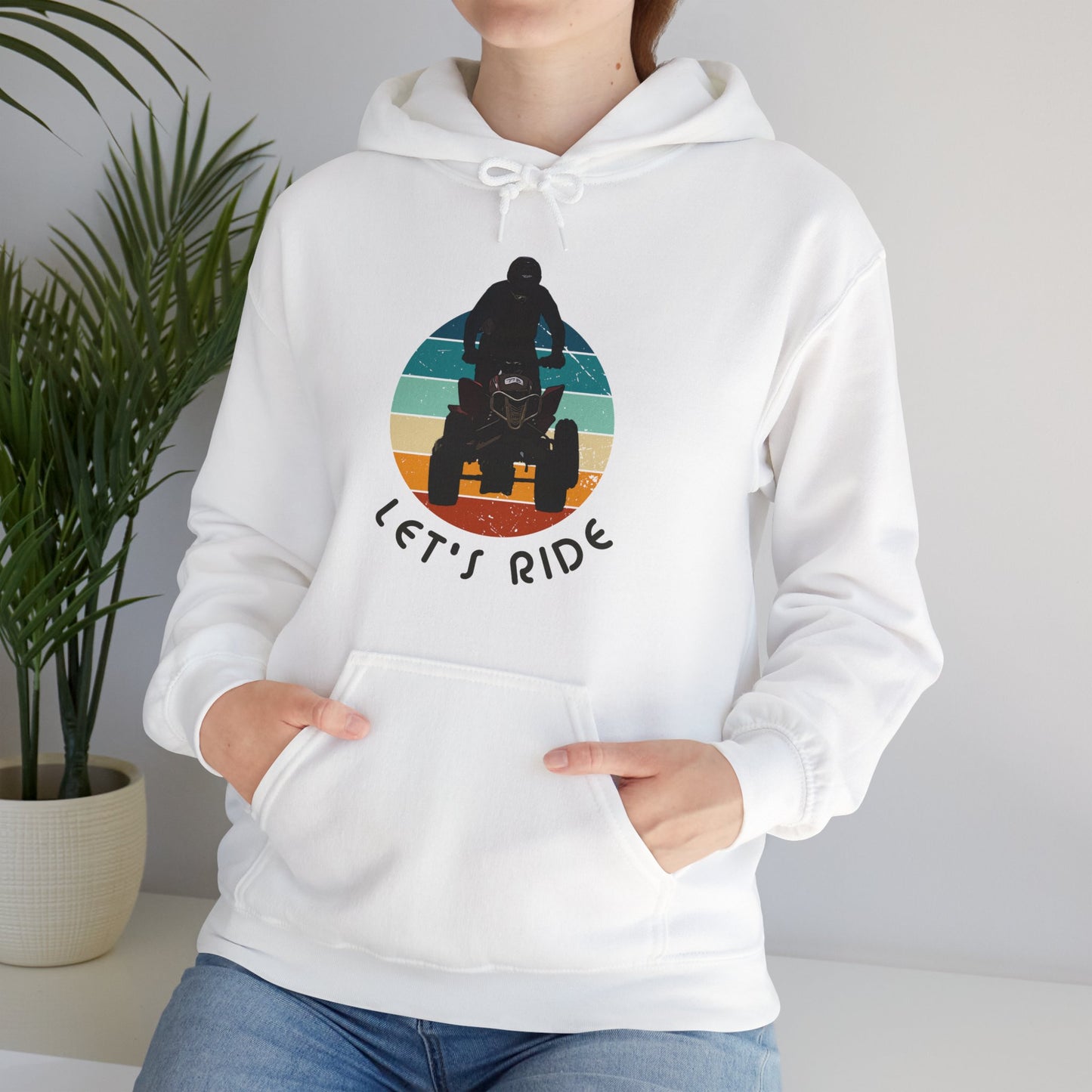 Mens Riding Hoodie | Man on Honda 450 ER atv | Retro circle with Let's Ride text | Unisex Heavy Blend™ Hooded Sweatshirt | ATV Hoodie for Men | Four wheeler hoodie for Boys
