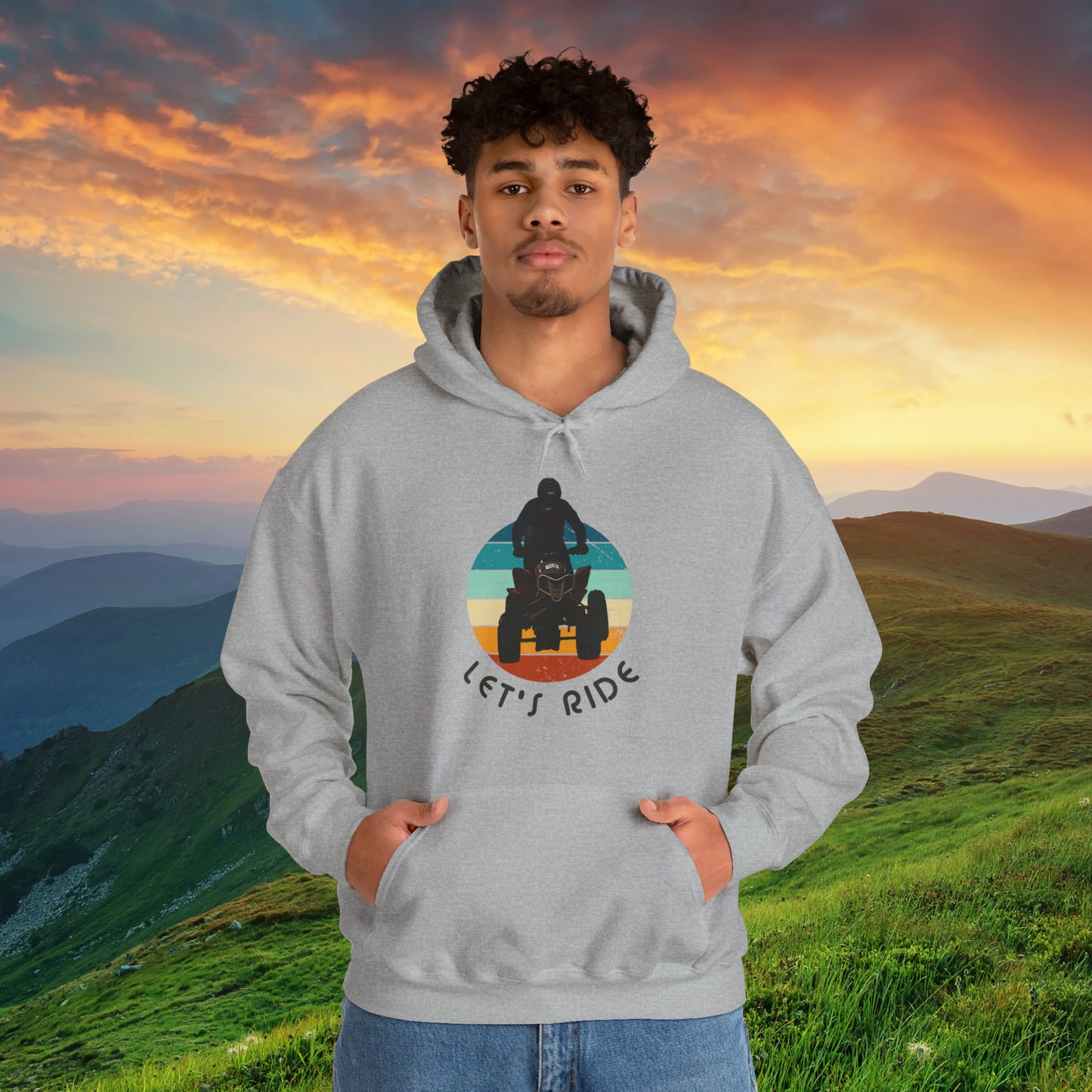 Mens Riding Hoodie | Man on Honda 450 ER atv | Retro circle with Let's Ride text | Unisex Heavy Blend™ Hooded Sweatshirt | ATV Hoodie for Men | Four wheeler hoodie for Boys