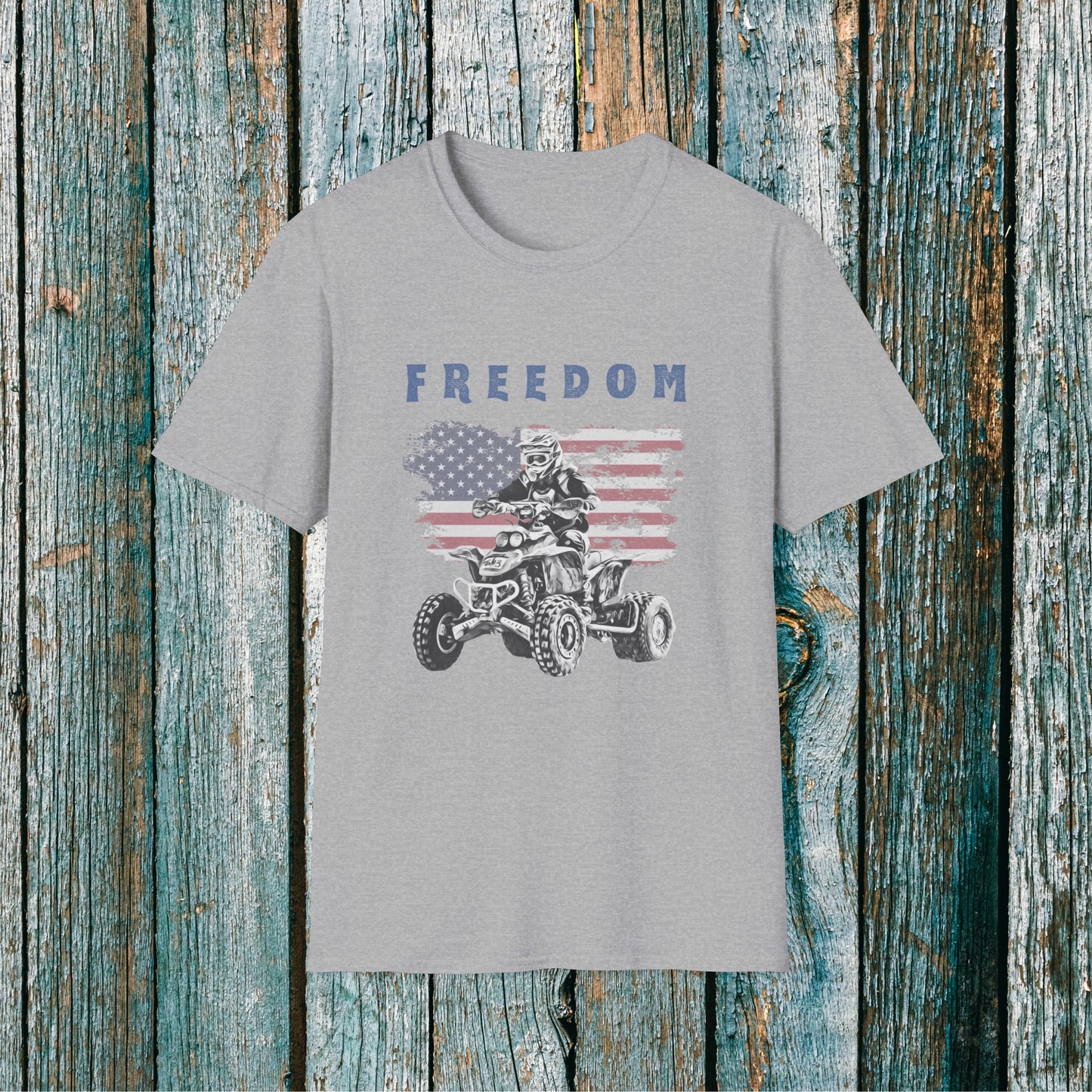 Mens ATV Shirt | Freedom Rider | American flag with man on Honda 400 EX ATV | Patriotic four wheeler riding shirt | SOFT Cotton Adult Unisex tee shirt | Four wheeler shirt for Boys