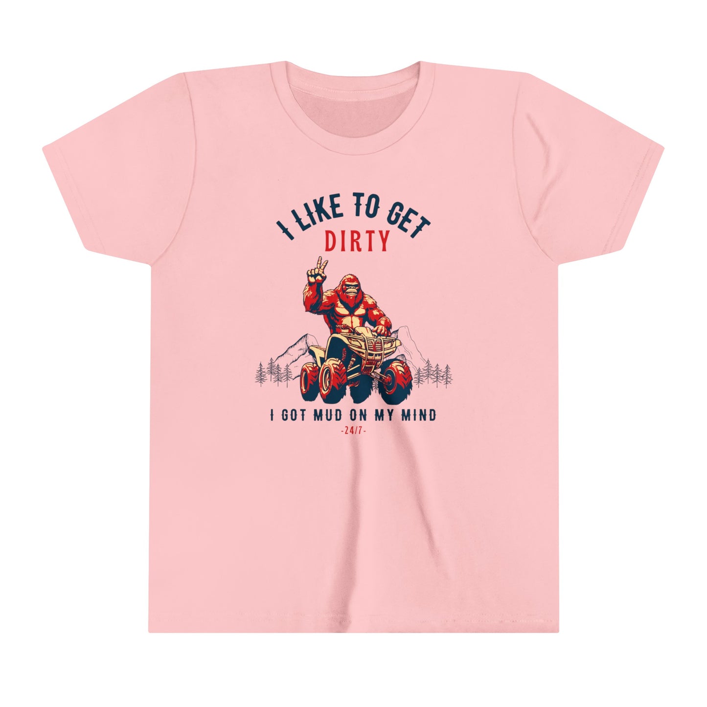 Youth BigFoot Shirt | I like to get dirty Sasquatch Shirt for Kids | I got mud on my mind Youth Short Sleeve Tee | Funny FourWheeler shirt for boys | Bella Canvas Soft Cotton tee shirt