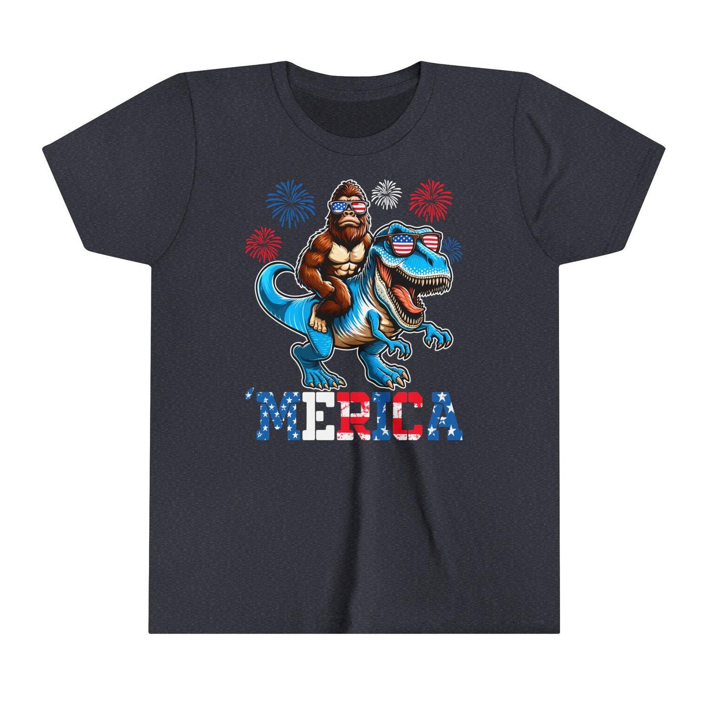Youth BigFoot on a Dinosaur Shirt | Patriotic Sasquatch Shirt for Kids | Youth Yeti Short Sleeve Tee | Funny BigFoot shirt for boys | Bella Canvas Soft Cotton tee shirt