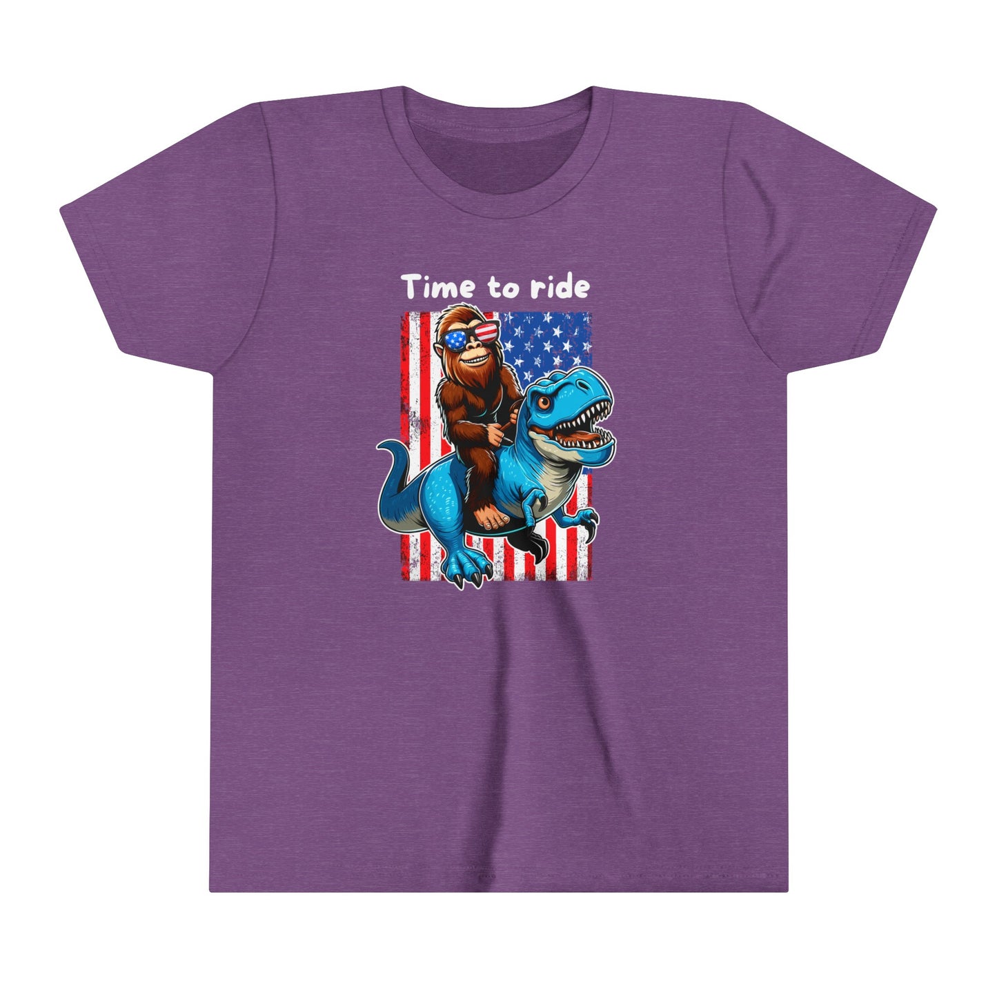 Youth BigFoot on a Dinosaur Shirt | Patriotic Sasquatch Shirt for Kids | Youth Yeti Short Sleeve Tee | Funny BigFoot shirt for boys | Bella Canvas Soft Cotton tee shirt