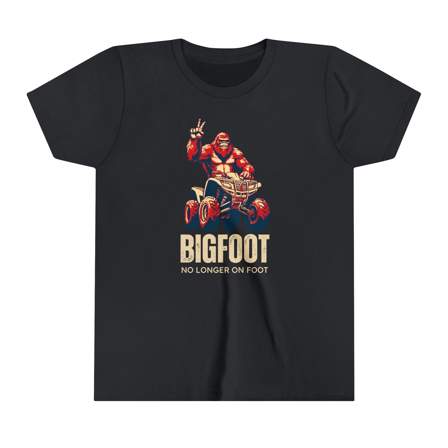 Youth BigFoot Shirt | No longer on Foot Sasquatch Shirt for Kids | Youth Yeti Short Sleeve Tee | Funny FourWheeler shirt for boys | Bella Canvas Soft Cotton tee shirt