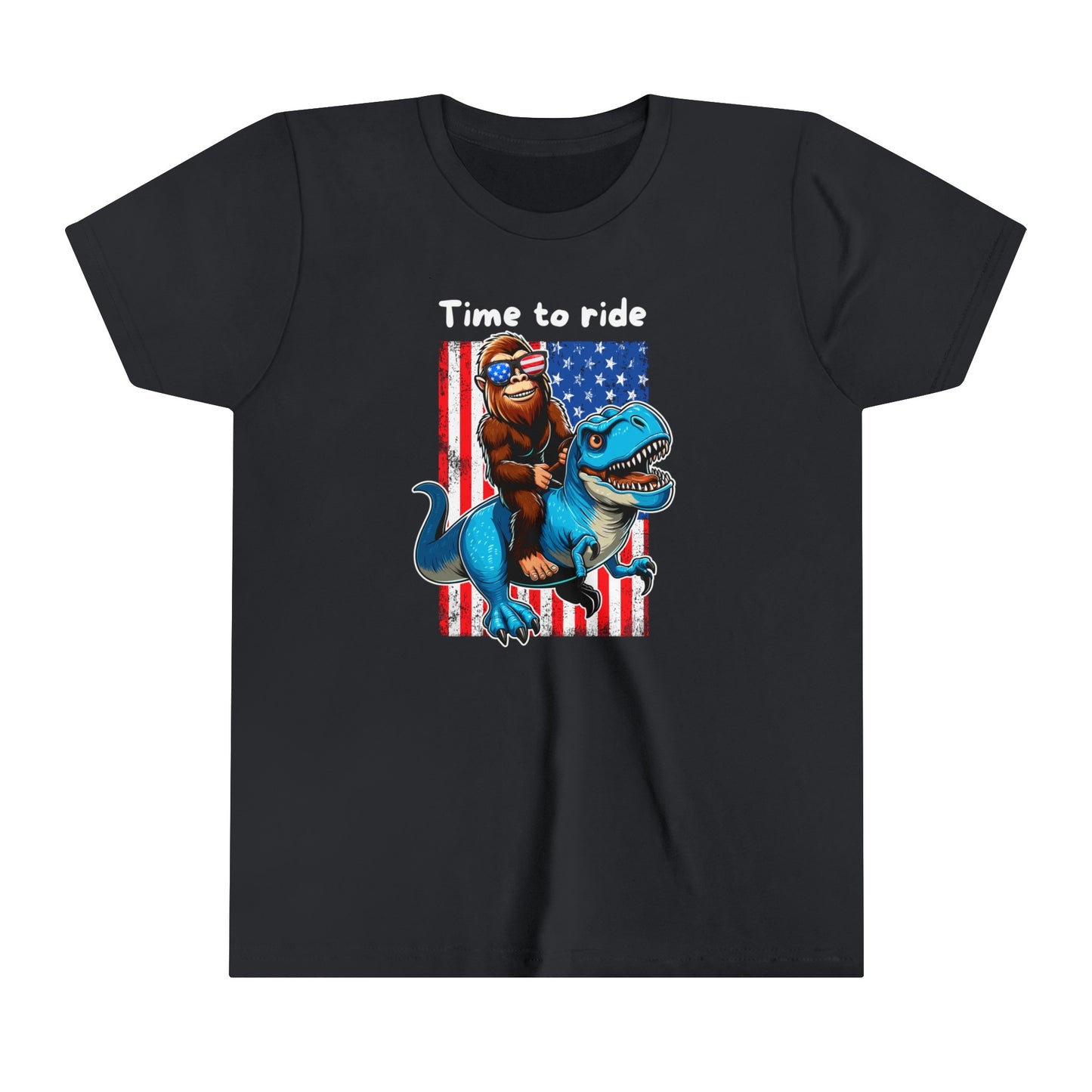 Youth BigFoot on a Dinosaur Shirt | Patriotic Sasquatch Shirt for Kids | Youth Yeti Short Sleeve Tee | Funny BigFoot shirt for boys | Bella Canvas Soft Cotton tee shirt