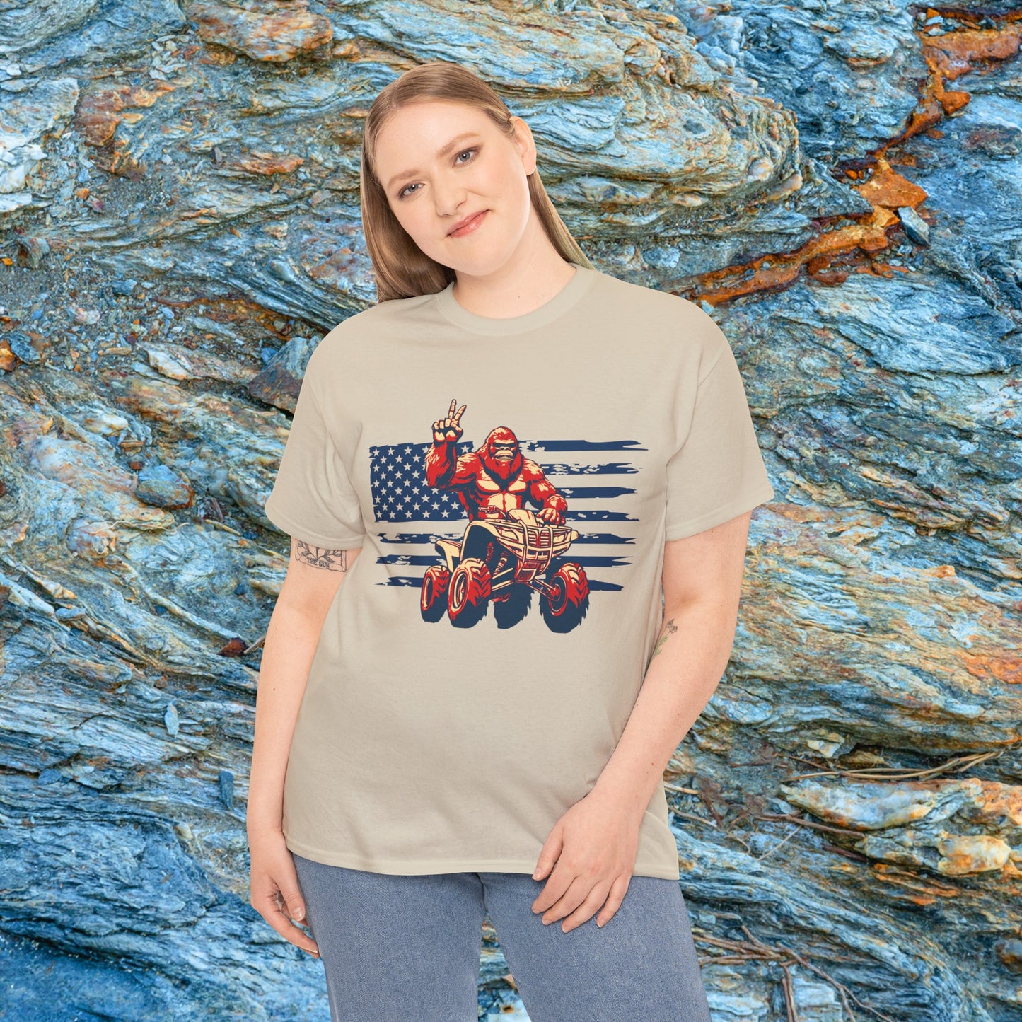 Mens BigFoot Shirt | BigFoot Riding a FourWheeler Shirt | Patriotic Flag & BigFoot Shirt | HEAVY Cotton Adult Unisex t shirt | ATV shirt for men | Fourwheeler shirts for boys