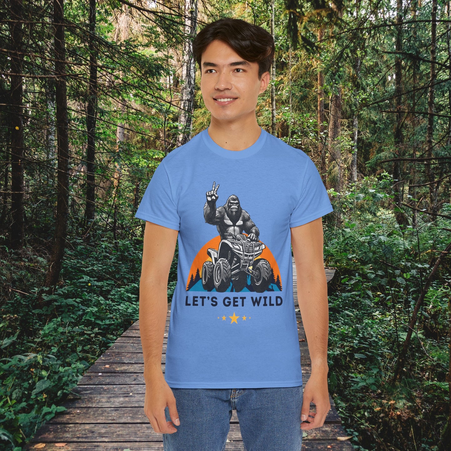 Mens BigFoot Shirt | BigFoot Riding a FourWheeler Shirt | Let's Get Wild BigFoot Shirt | HEAVY Cotton Adult Unisex t shirt | ATV shirt for men | Fourwheeler shirts for boys