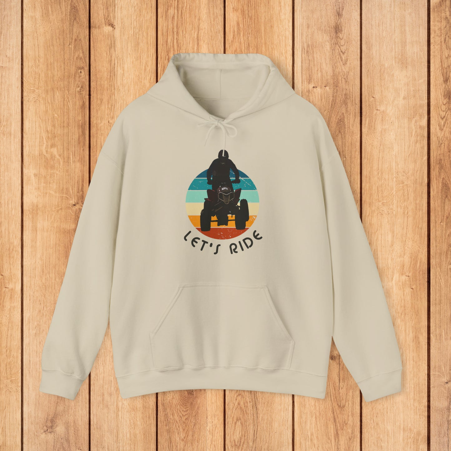Mens Riding Hoodie | Man on Honda 450 ER atv | Retro circle with Let's Ride text | Unisex Heavy Blend™ Hooded Sweatshirt | ATV Hoodie for Men | Four wheeler hoodie for Boys