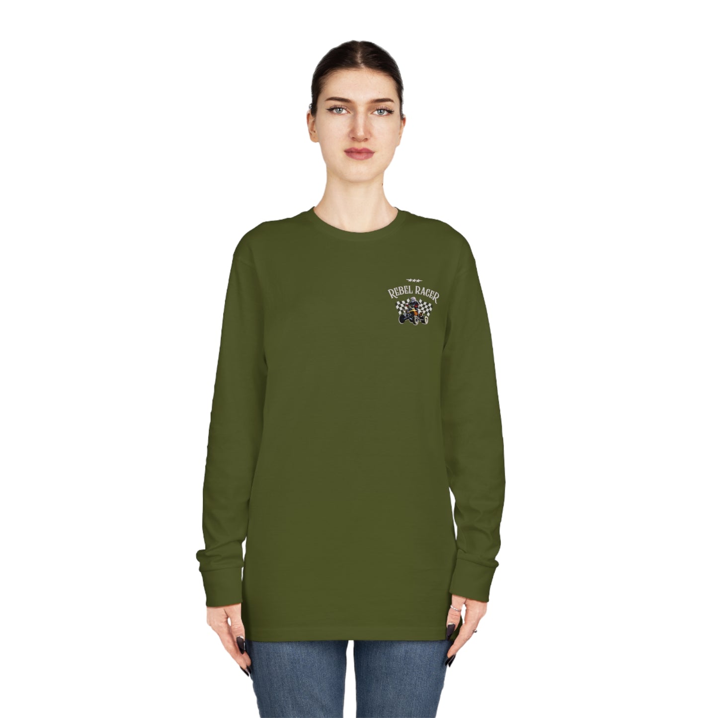 Mens Long Sleeved Racing Shirt | 2-SIDED Unisex Long Sleeve Crewneck Tee | Soft Lightweight Cotton | Rebel Racer | ATV Racing Shirt | Four wheeler shirt for boys