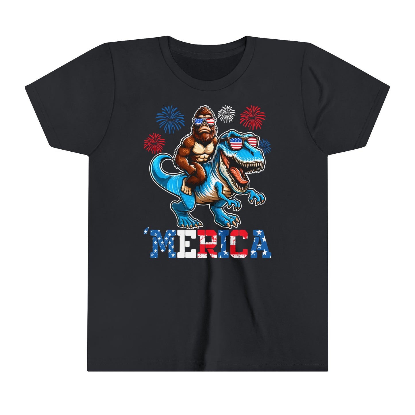 Youth BigFoot on a Dinosaur Shirt | Patriotic Sasquatch Shirt for Kids | Youth Yeti Short Sleeve Tee | Funny BigFoot shirt for boys | Bella Canvas Soft Cotton tee shirt