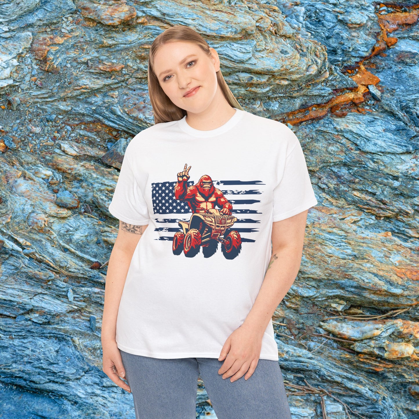 Mens BigFoot Shirt | BigFoot Riding a FourWheeler Shirt | Patriotic Flag & BigFoot Shirt | HEAVY Cotton Adult Unisex t shirt | ATV shirt for men | Fourwheeler shirts for boys