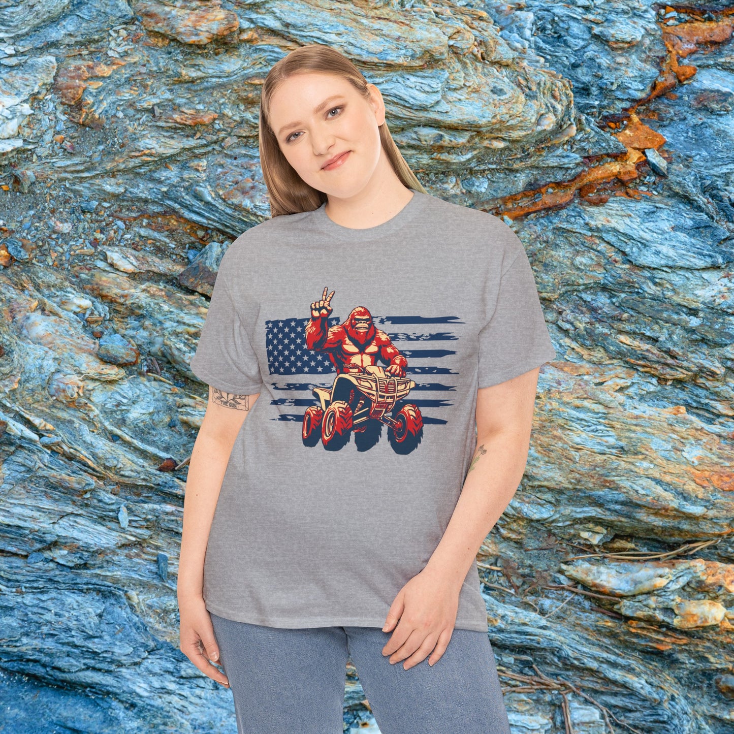 Mens BigFoot Shirt | BigFoot Riding a FourWheeler Shirt | Patriotic Flag & BigFoot Shirt | HEAVY Cotton Adult Unisex t shirt | ATV shirt for men | Fourwheeler shirts for boys