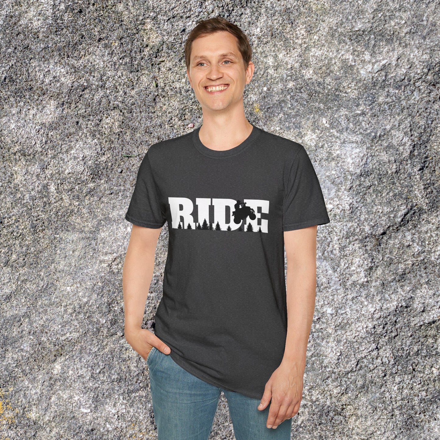 Mens Riding Shirt | RIDE big letters with black trees and ATV | Man on Honda 400 ex Fourwheeler | Soft Cotton Adult Unisex tee shirt