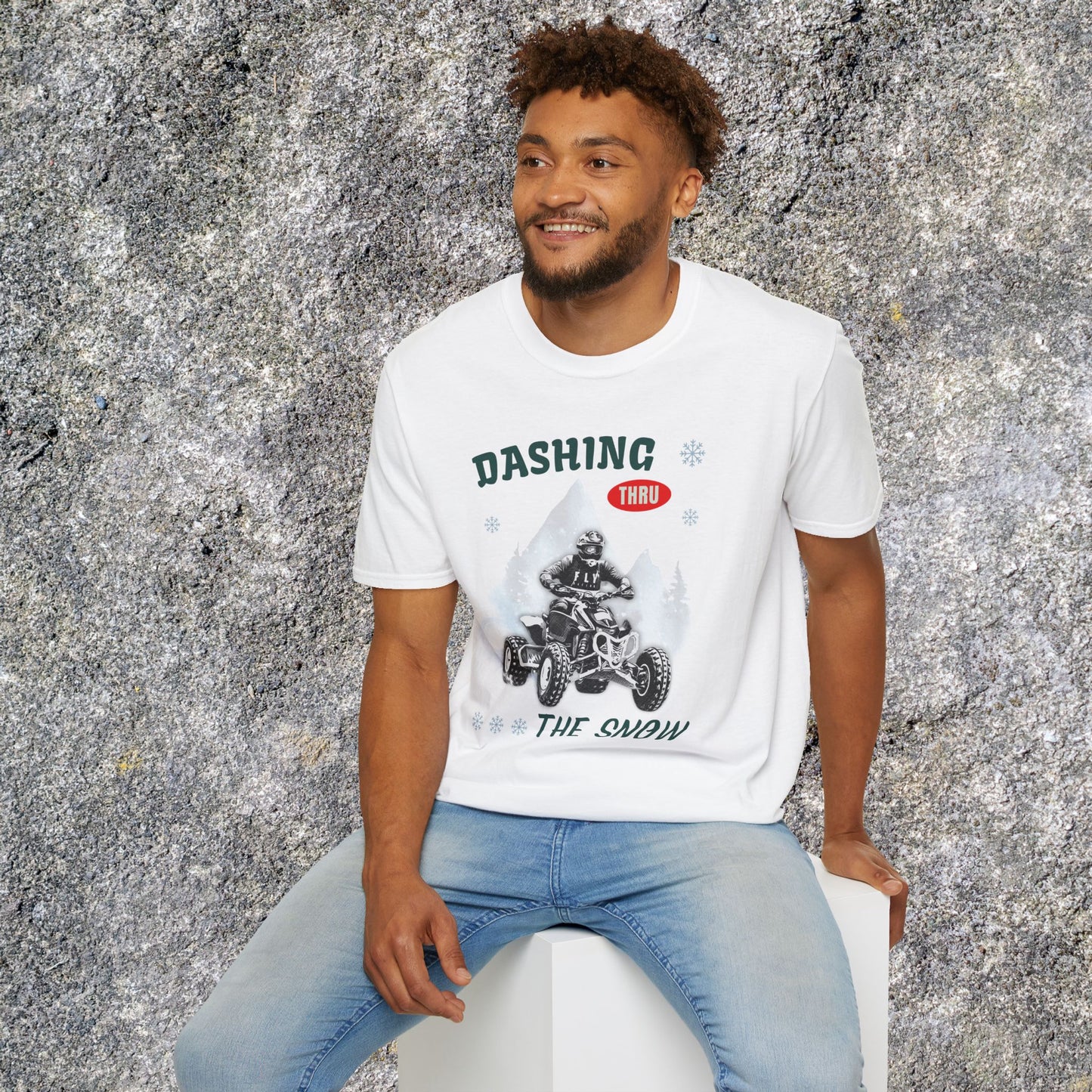 Holiday Fourwheeler Racing Soft Cotton T-Shirt | Dashing Thru the Snow | ATV Ugly Sweater