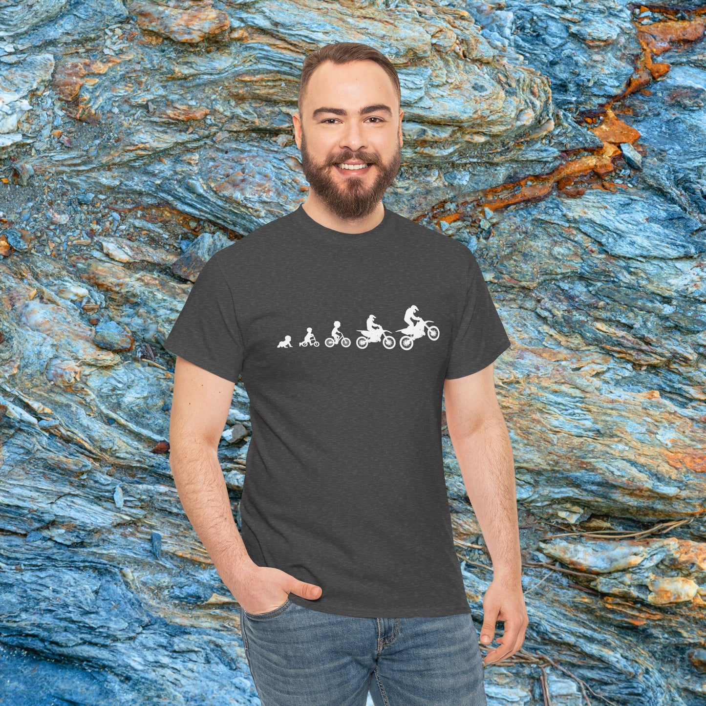 Men's Dirt Bike Evolution Shirt | HEAVY Cotton Adult Unisex t shirt | Dirt bike shirt for men | From Strider to Bicycle to Dirt Bike