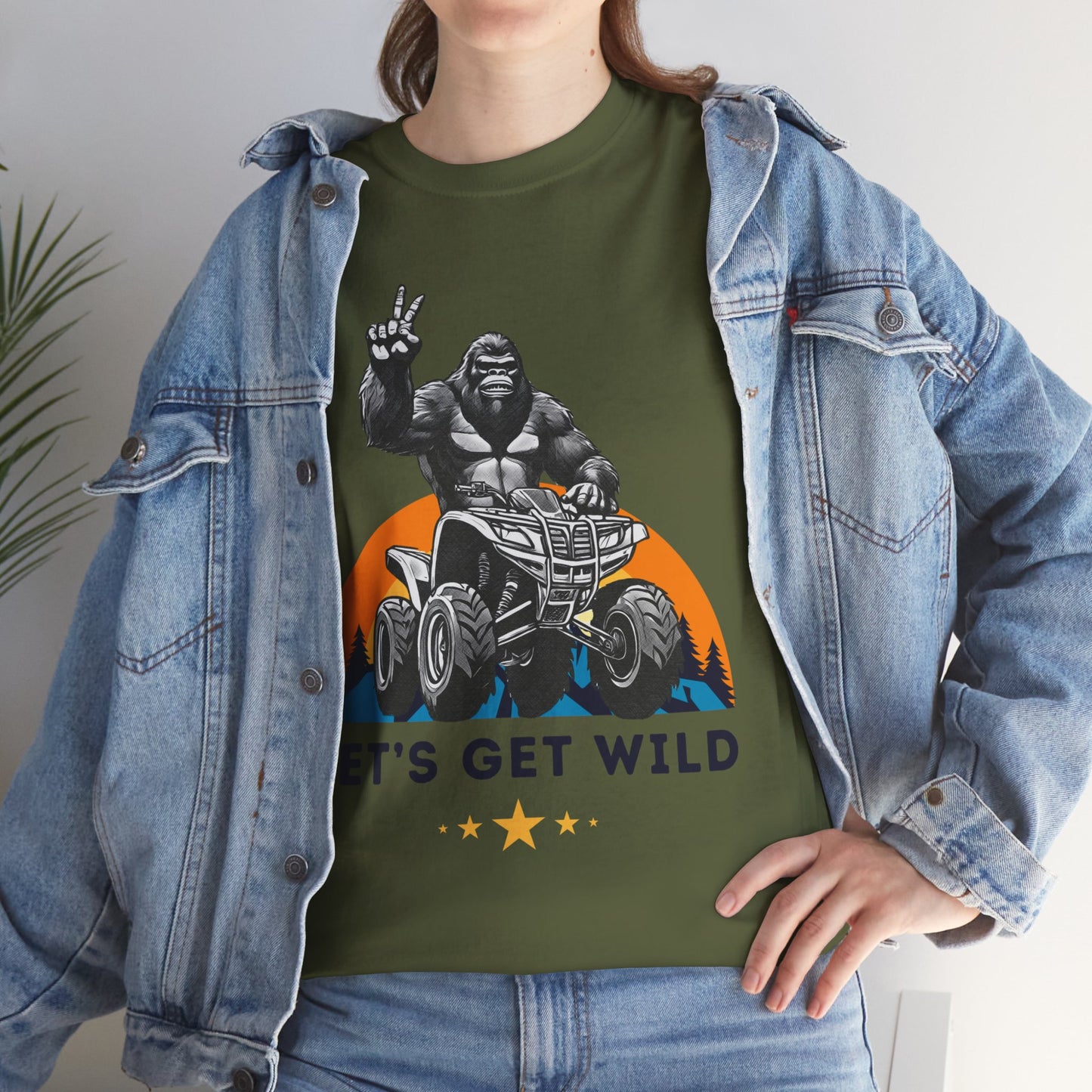 Mens BigFoot Shirt | BigFoot Riding a FourWheeler Shirt | Let's Get Wild BigFoot Shirt | HEAVY Cotton Adult Unisex t shirt | ATV shirt for men | Fourwheeler shirts for boys
