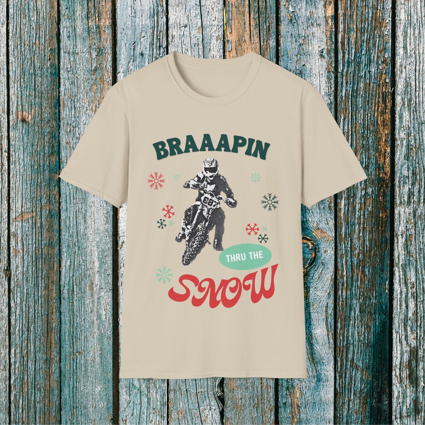 Holiday Motocross Racing SOFT Cotton Adult Unisex tee shirt | Dirt Racing shirt for men | Braaapin Through the Snow | Dirt bike Ugly Sweater