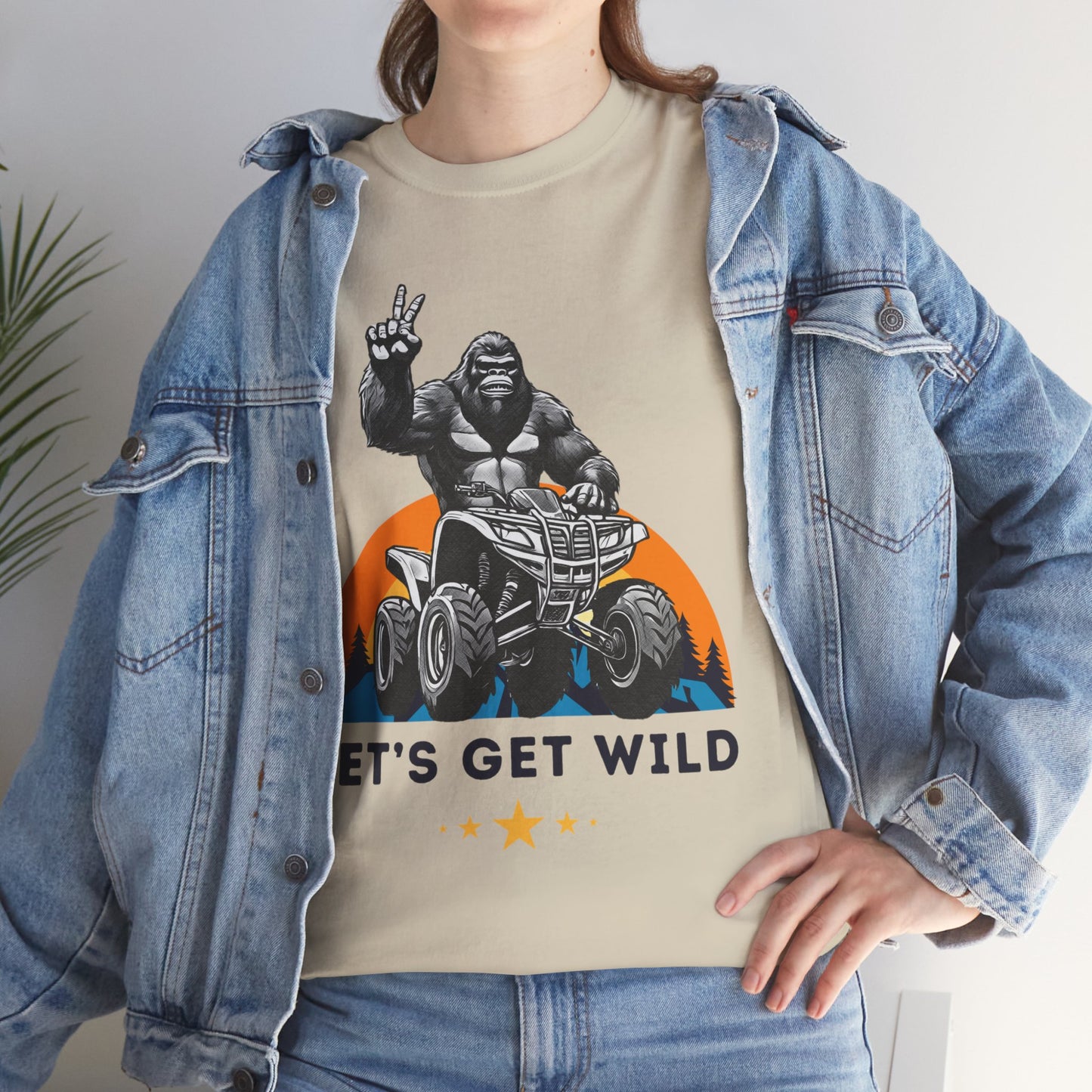 Mens BigFoot Shirt | BigFoot Riding a FourWheeler Shirt | Let's Get Wild BigFoot Shirt | HEAVY Cotton Adult Unisex t shirt | ATV shirt for men | Fourwheeler shirts for boys