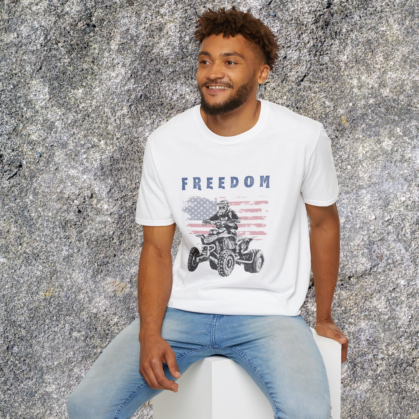 Mens ATV Shirt | Freedom Rider | American flag with man on Honda 400 EX ATV | Patriotic four wheeler riding shirt | SOFT Cotton Adult Unisex tee shirt | Four wheeler shirt for Boys