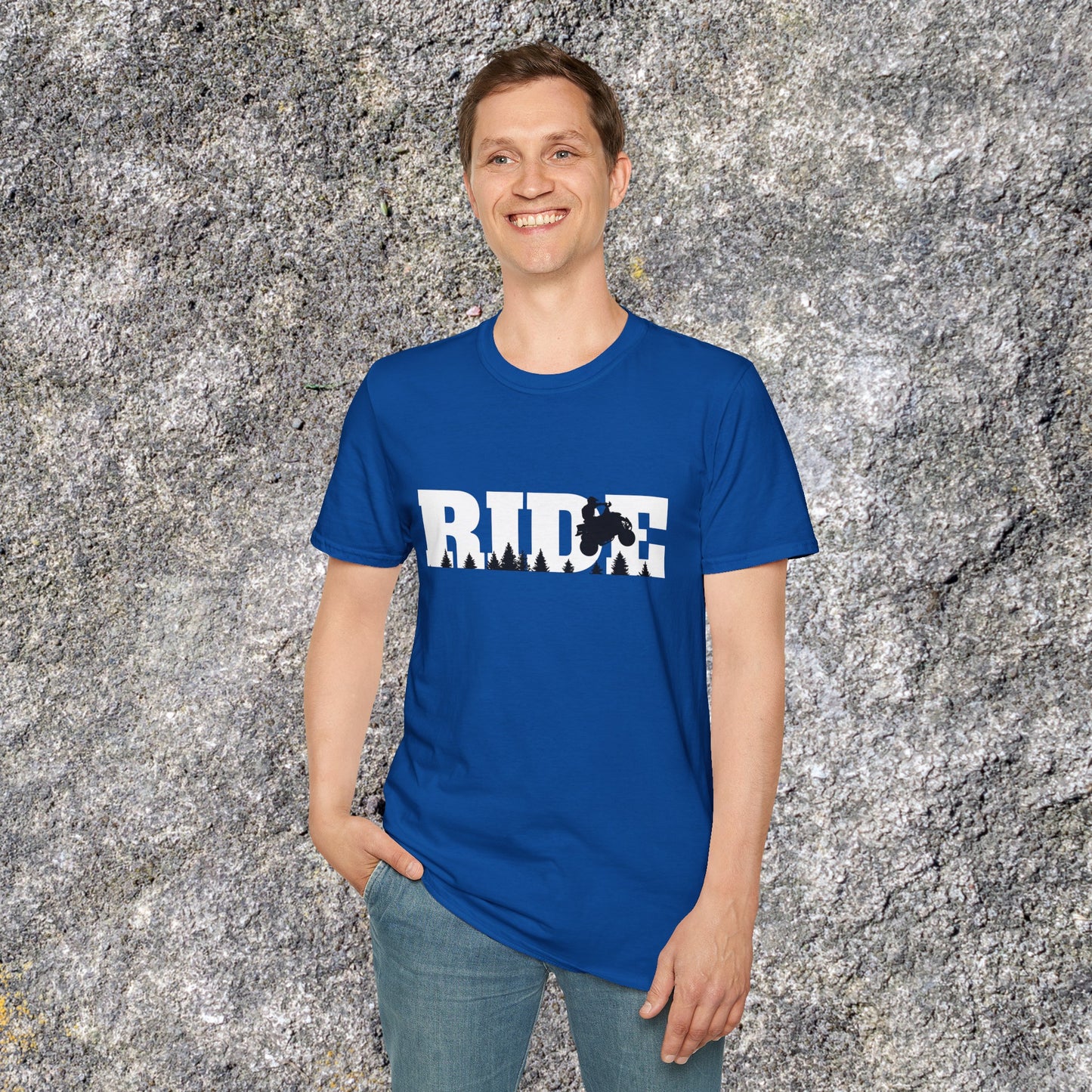 Mens Riding Shirt | RIDE big letters with black trees and ATV | Man on Honda 400 ex Fourwheeler | Soft Cotton Adult Unisex tee shirt