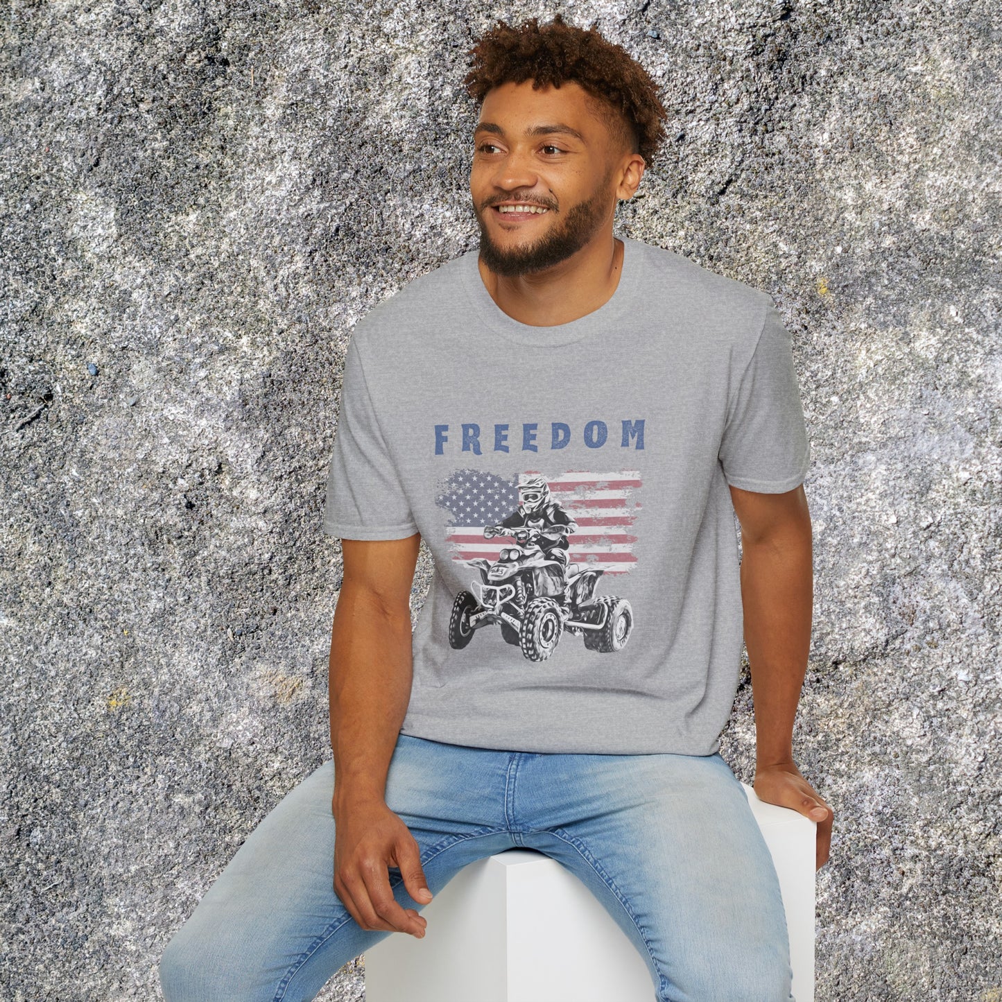 Mens ATV Shirt | Freedom Rider | American flag with man on Honda 400 EX ATV | Patriotic four wheeler riding shirt | SOFT Cotton Adult Unisex tee shirt | Four wheeler shirt for Boys