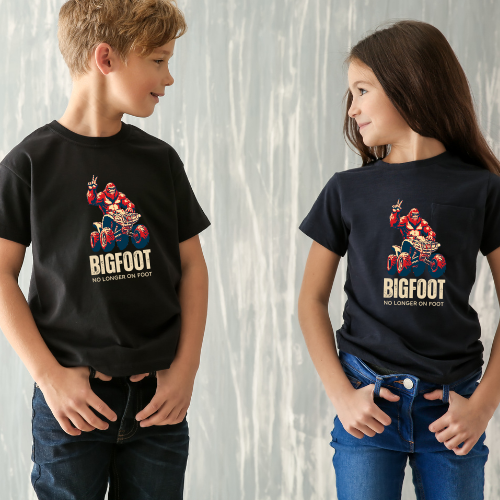 Youth BigFoot Shirt | No longer on Foot Sasquatch Shirt for Kids | Youth Yeti Short Sleeve Tee | Funny FourWheeler shirt for boys | Bella Canvas Soft Cotton tee shirt