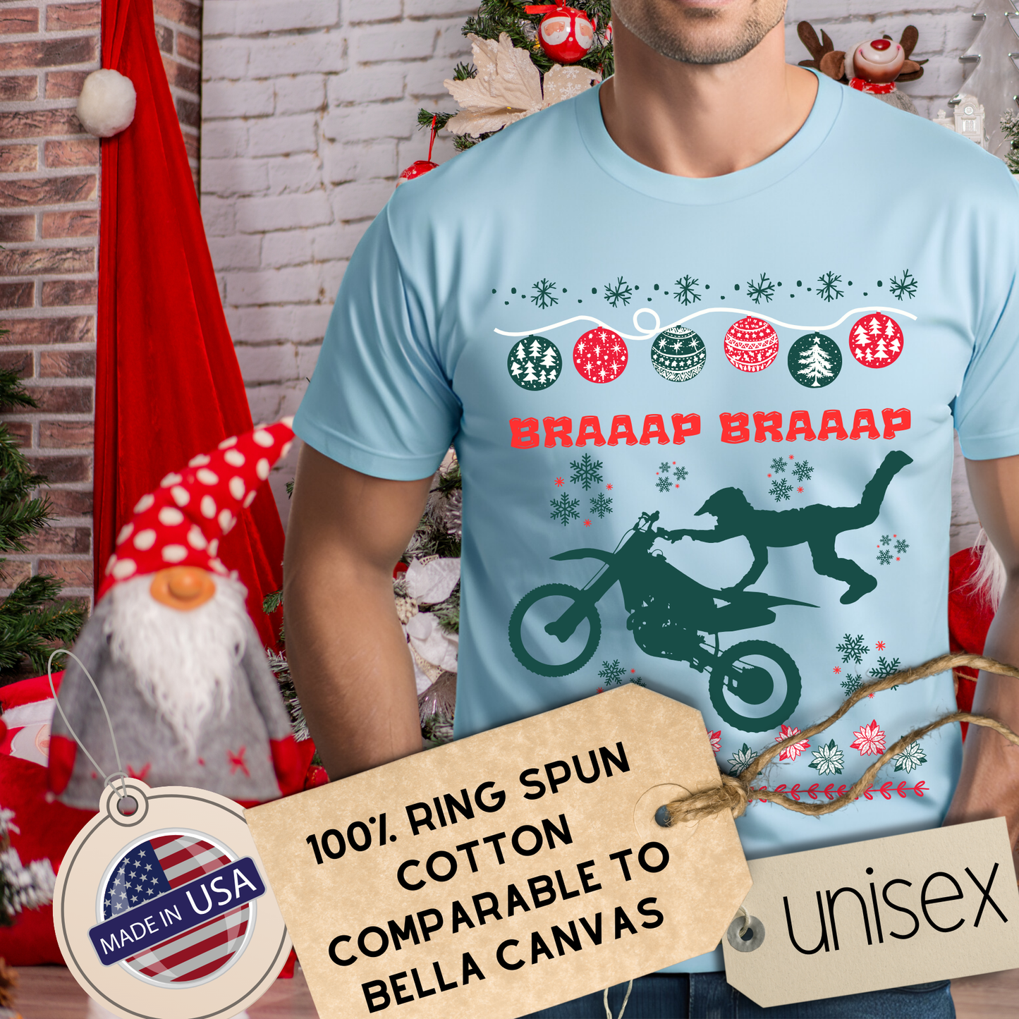 Holiday Braaap Braaap Festive Motocross Racing SOFT Cotton Adult Unisex tee shirt | Racing shirt for men | Christmas Dirt bike Ugly Sweater