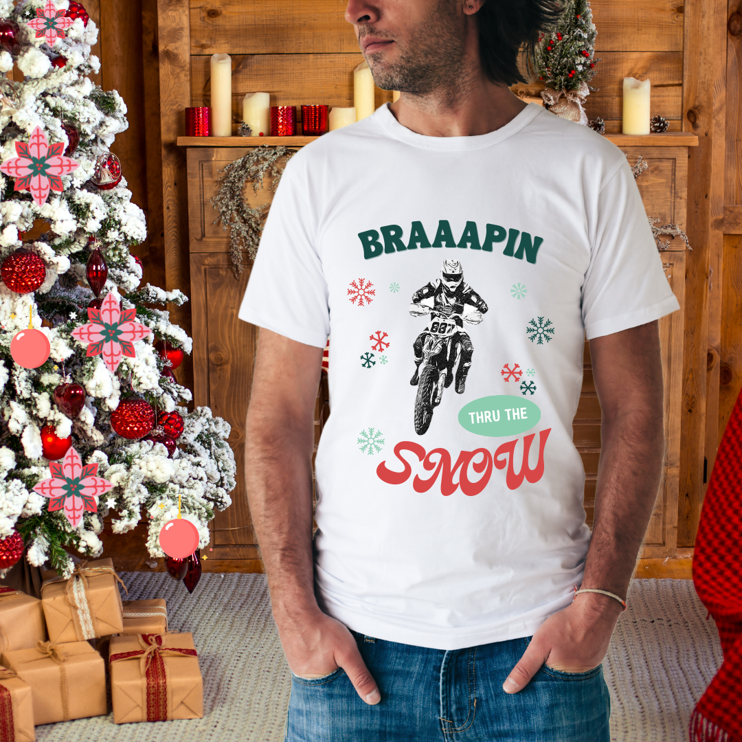 Holiday Motocross Racing SOFT Cotton Adult Unisex tee shirt | Dirt Racing shirt for men | Braaapin Through the Snow | Dirt bike Ugly Sweater