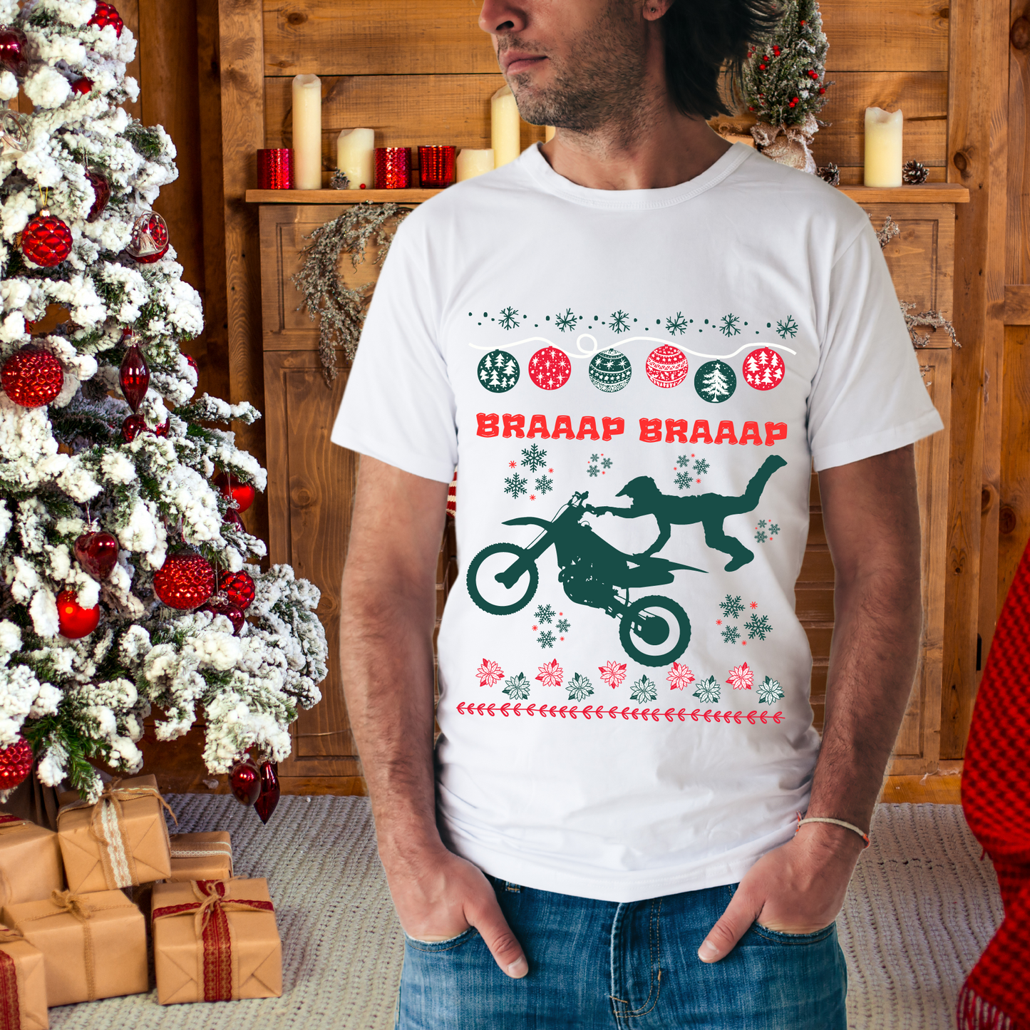 Holiday Braaap Braaap Festive Motocross Racing SOFT Cotton Adult Unisex tee shirt | Racing shirt for men | Christmas Dirt bike Ugly Sweater