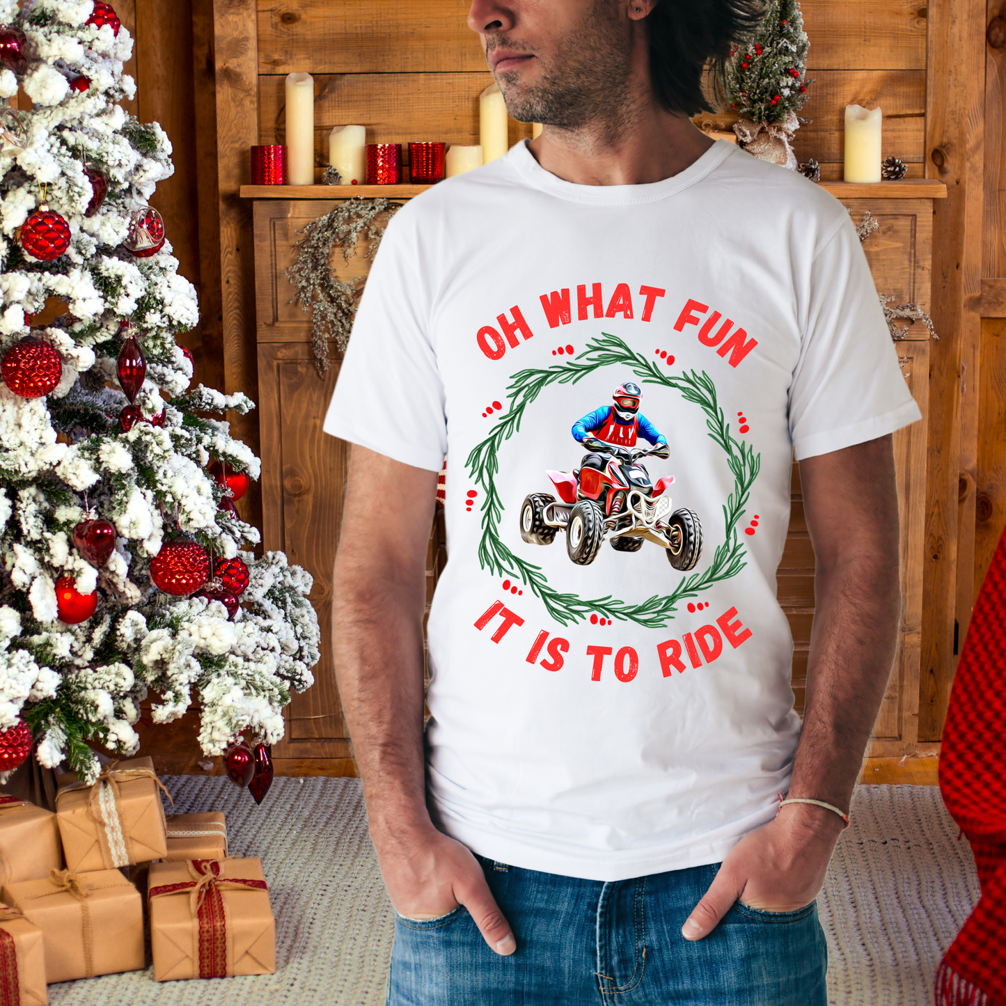 Holiday Fourwheeler Racing SOFT Cotton Adult Unisex tee shirt | Dirt Racing shirt for men | Oh What Fun It is to Ride | ATV Ugly Sweater