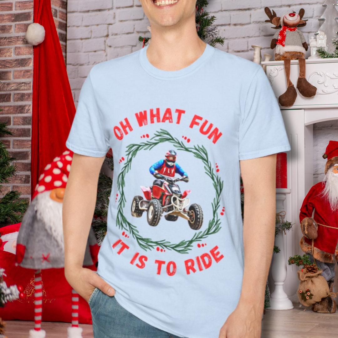 Holiday Fourwheeler Racing SOFT Cotton Adult Unisex tee shirt | Dirt Racing shirt for men | Oh What Fun It is to Ride | ATV Ugly Sweater