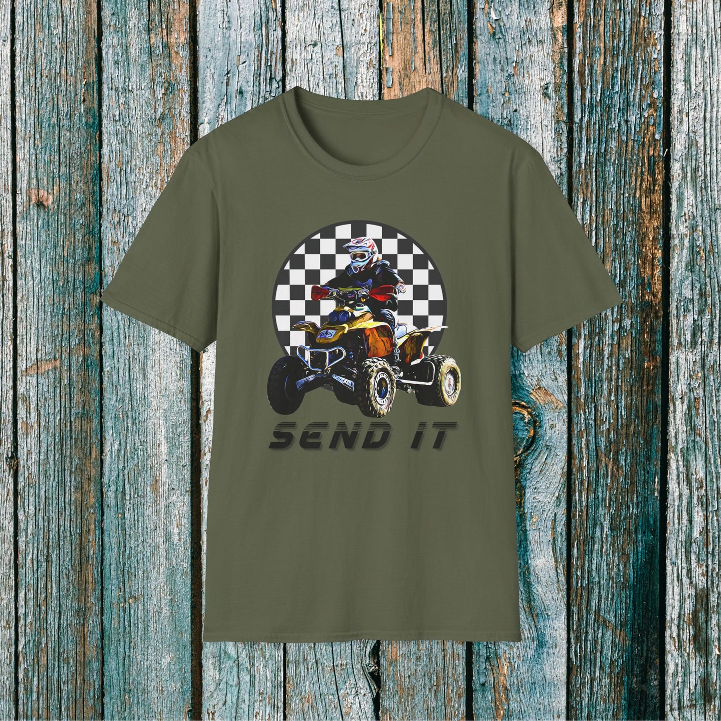 ATV Racing T-Shirt Says SEND IT | Honda 400 EX Racing Flag Four-Wheeler Riding Shirt