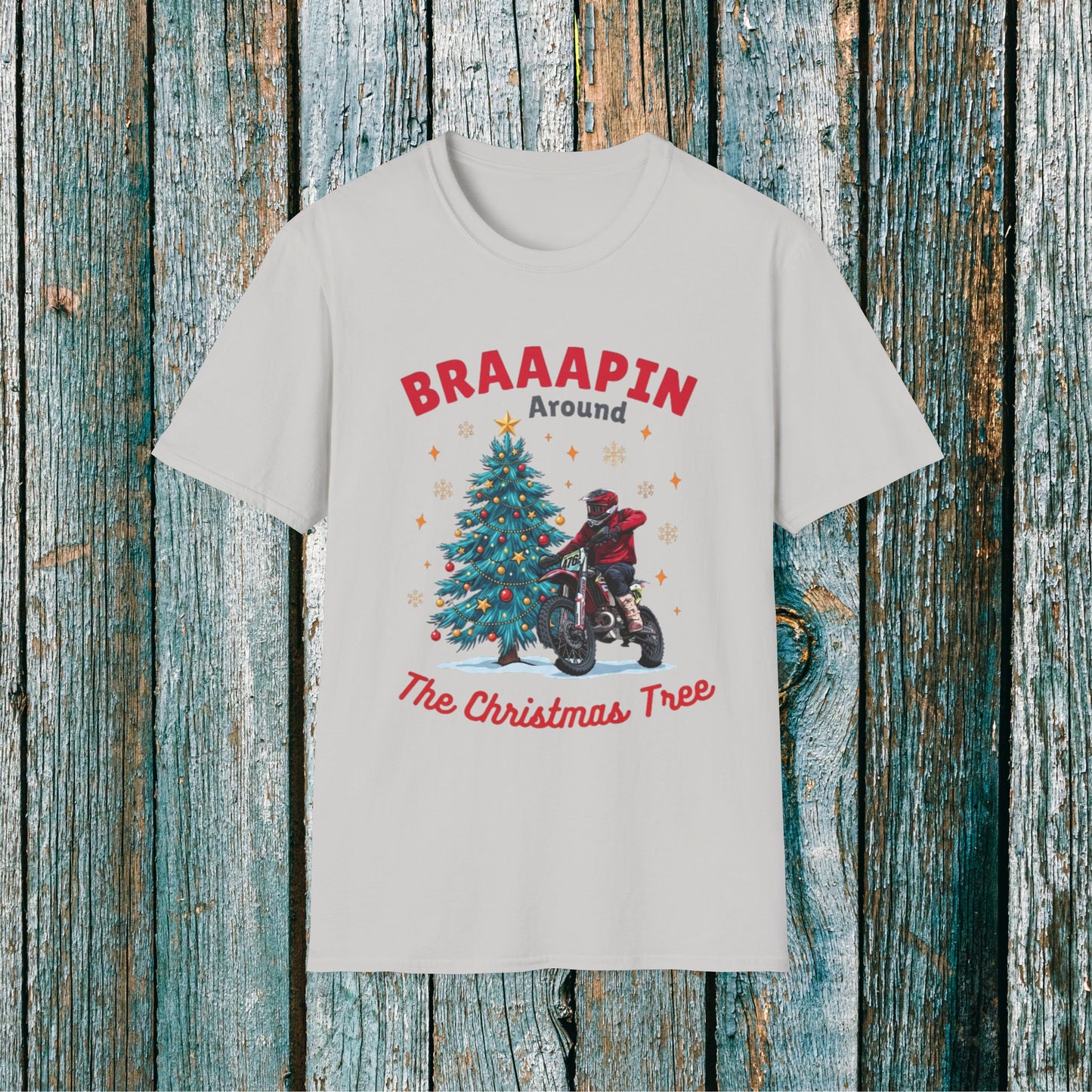 Holiday Bike Softstyle T-Shirt | Braaapin Around The Christmas Tree | Dirt Bike Ugly Sweater