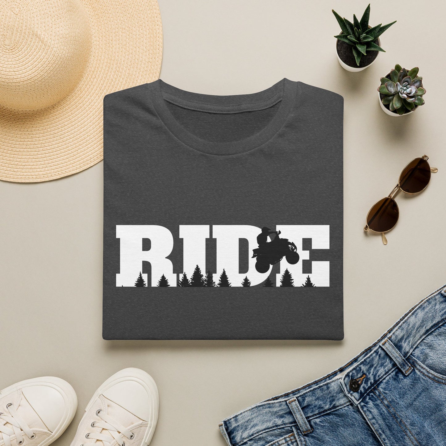 ATV RIDE Big Letters T-Shirt | Man on Honda 400EX Fourwheeler rides through the forest